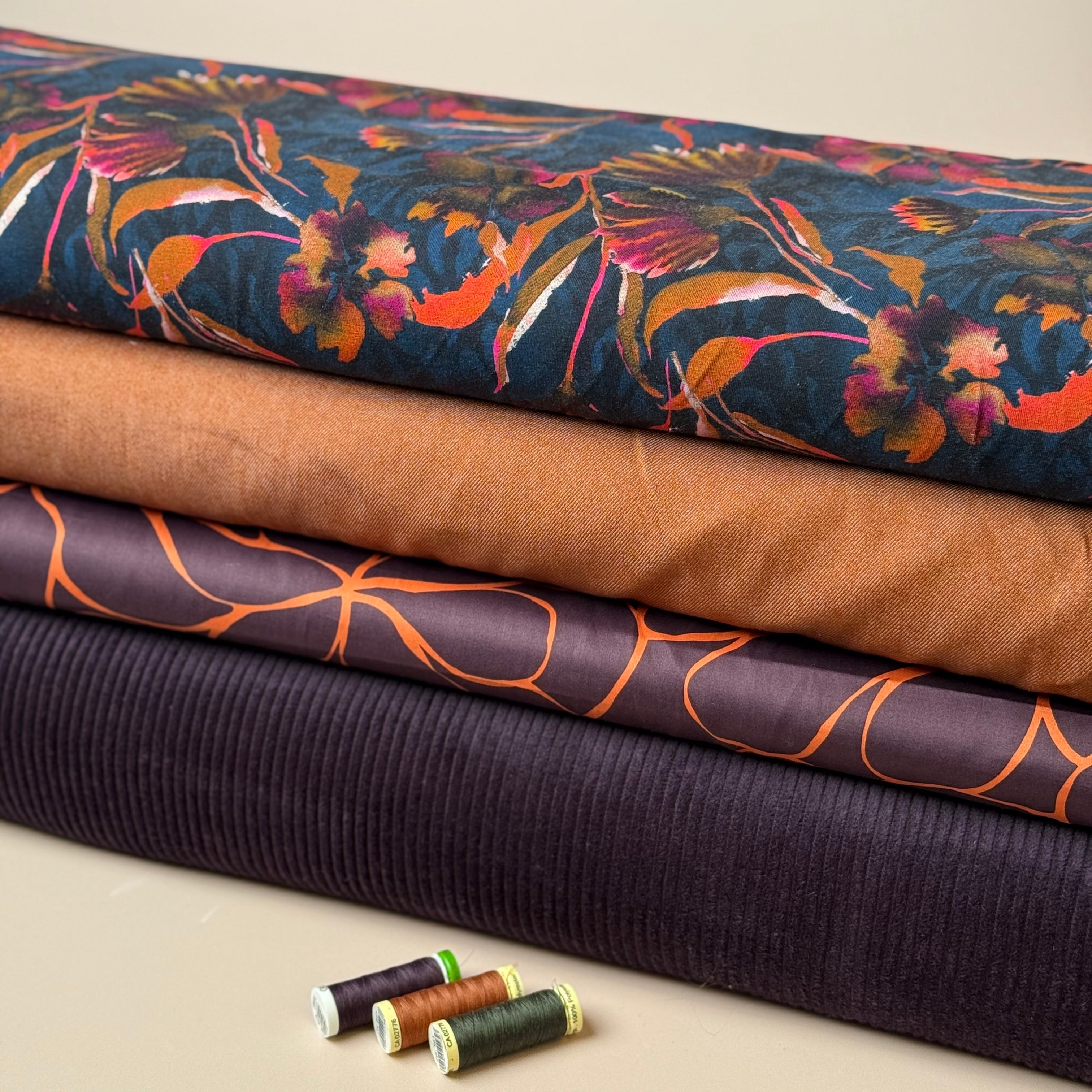 Line Flowers in Deep Mahogany Cotton Sateen Fabric