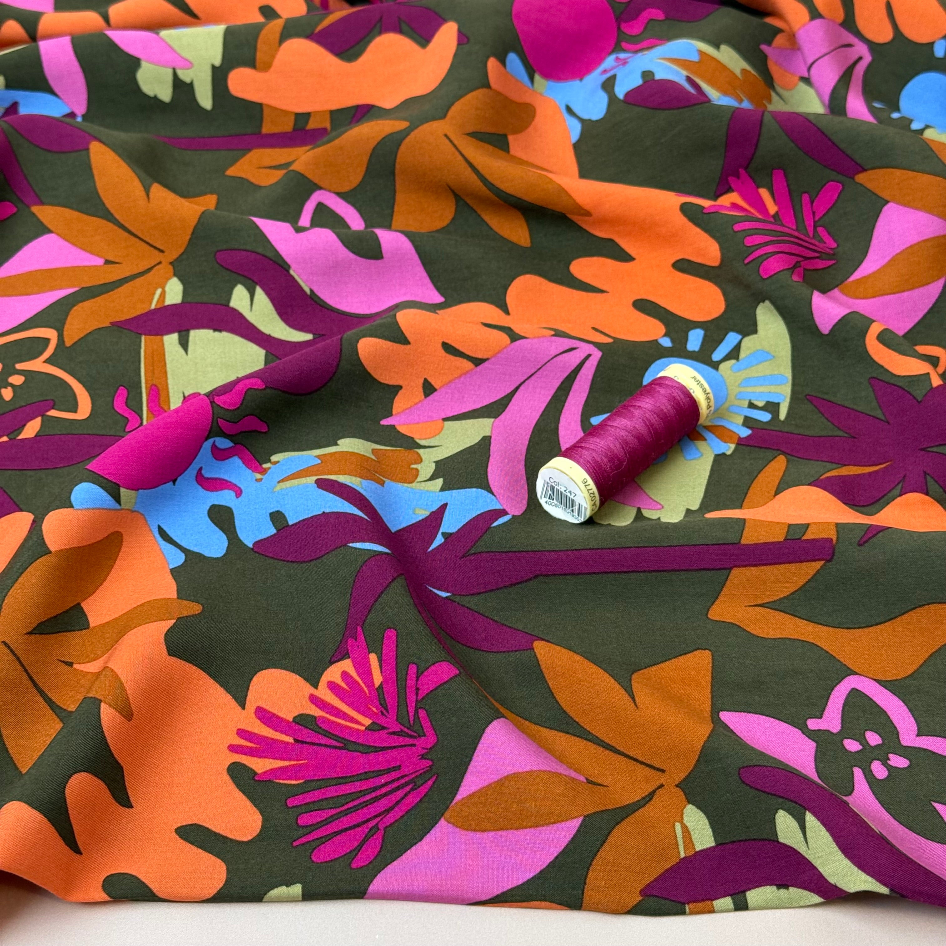 Autumn Resort on Khaki LENZING™ ECOVERO™ Viscose Fabric