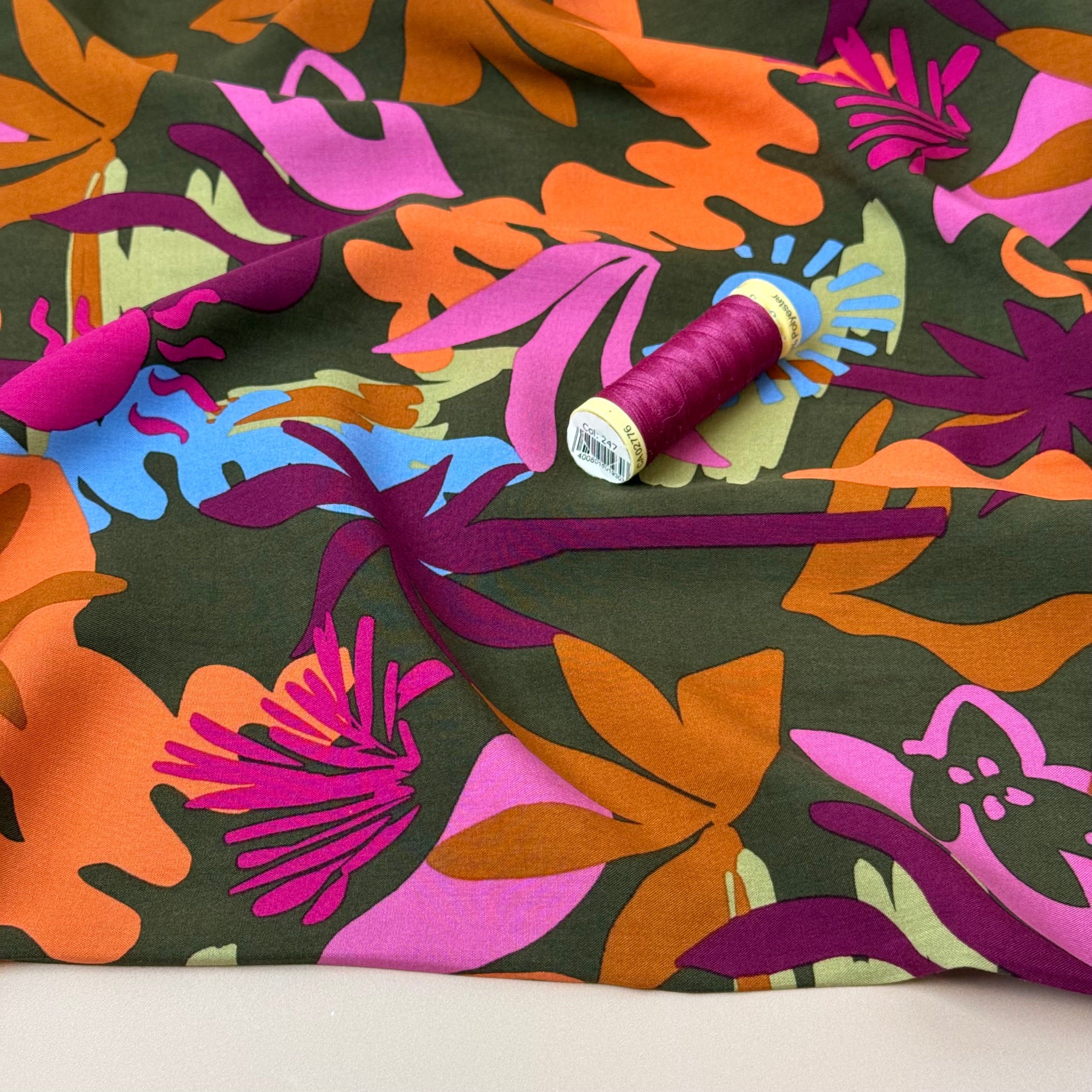 Autumn Resort on Khaki LENZING™ ECOVERO™ Viscose Fabric