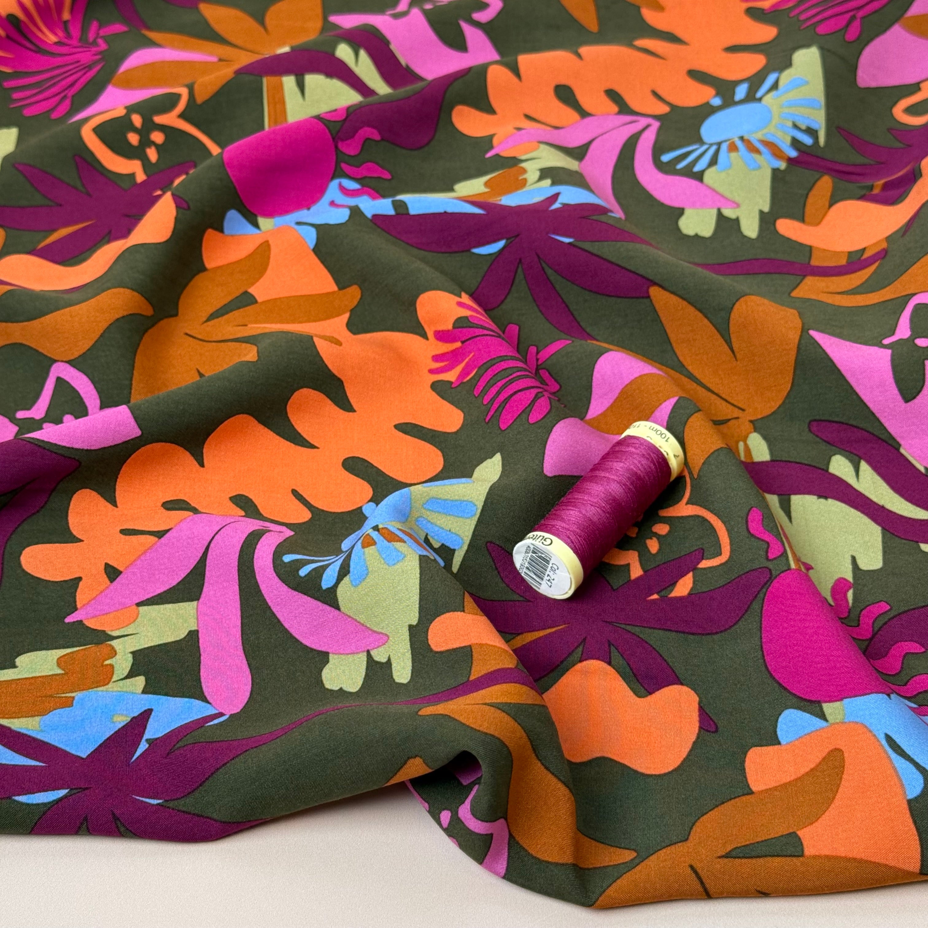 Autumn Resort on Khaki LENZING™ ECOVERO™ Viscose Fabric
