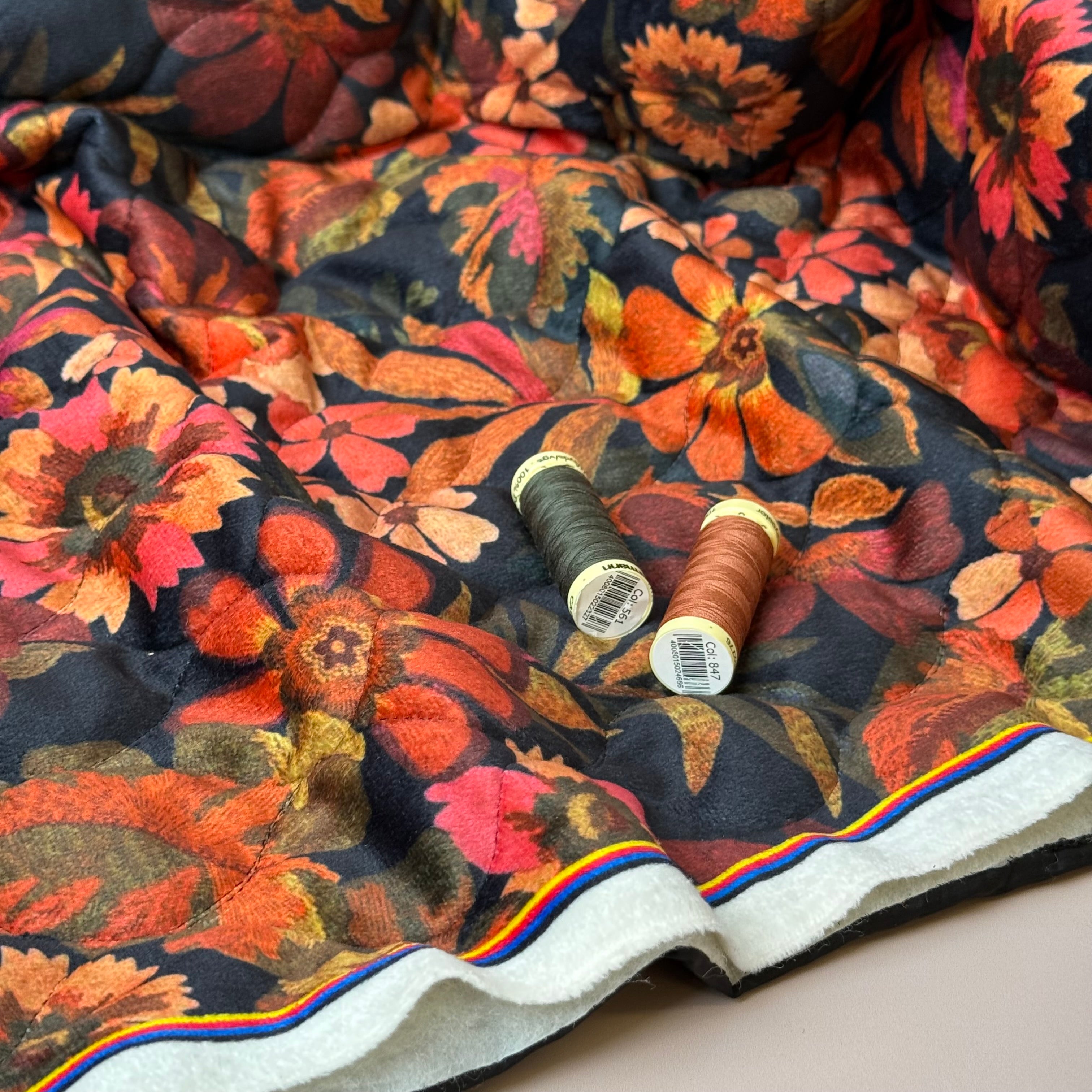 Autumn Leaves on Black Quilted Velvet Fabric