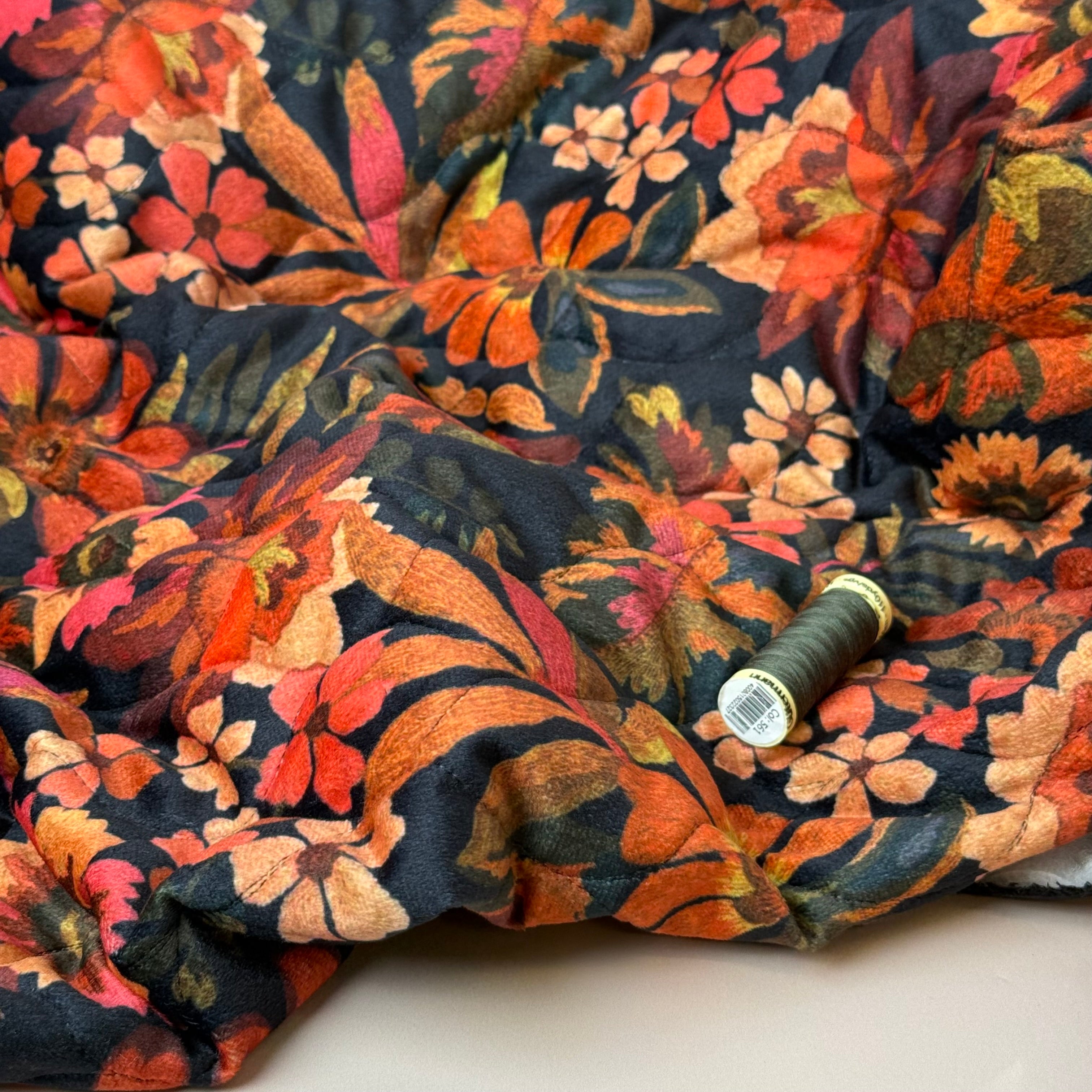 Autumn Leaves on Black Quilted Velvet Fabric
