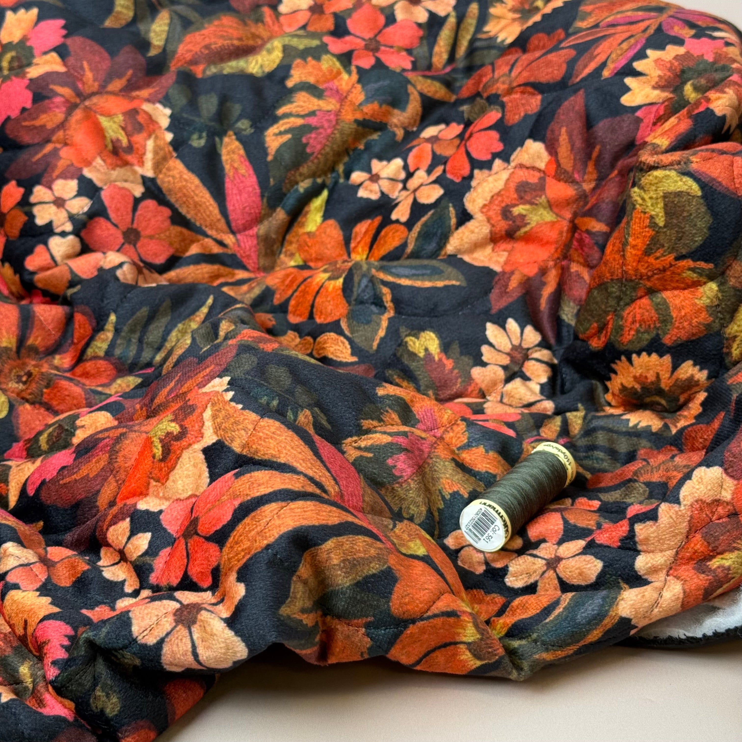 Autumn Leaves on Black Quilted Velvet Fabric