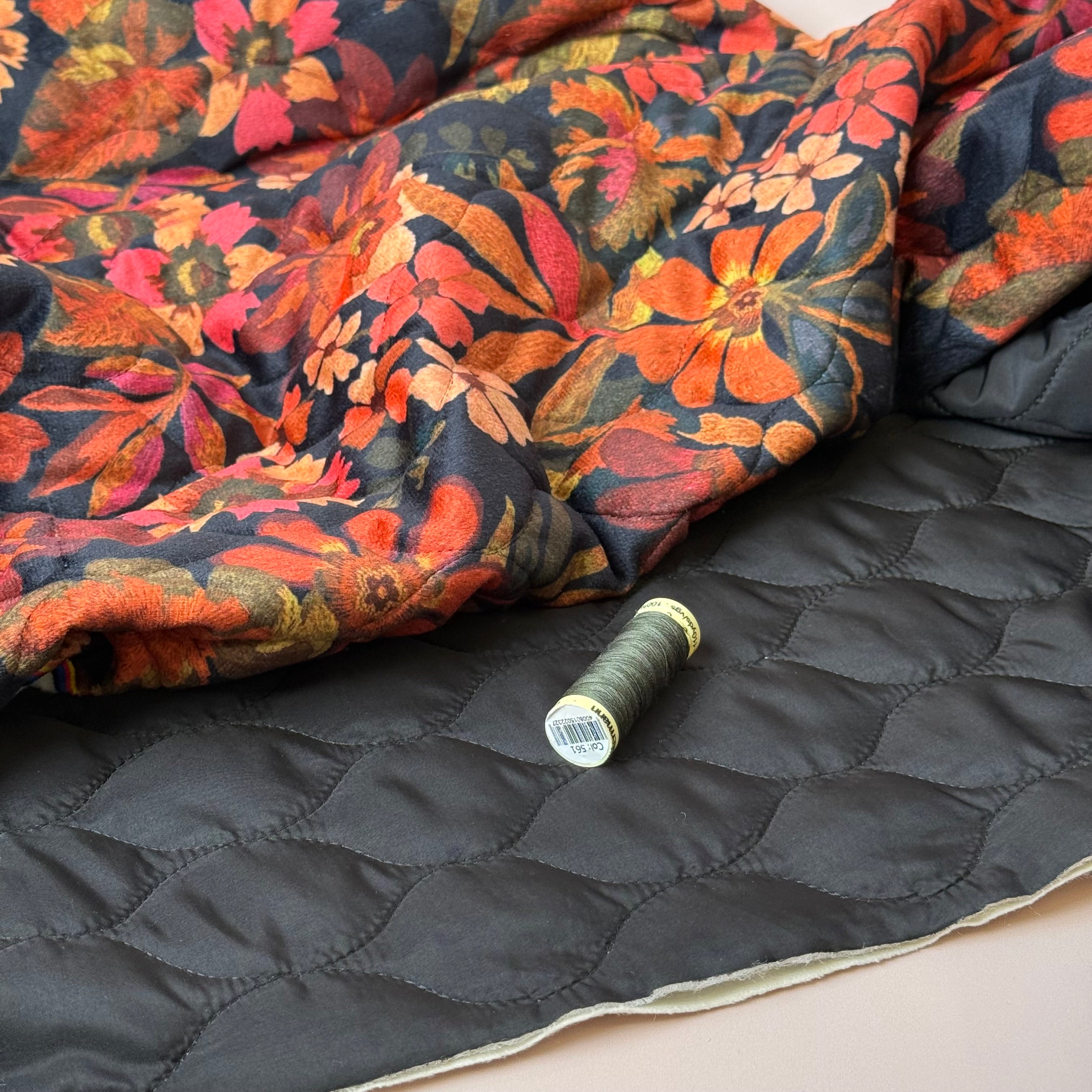 Autumn Leaves on Black Quilted Velvet Fabric