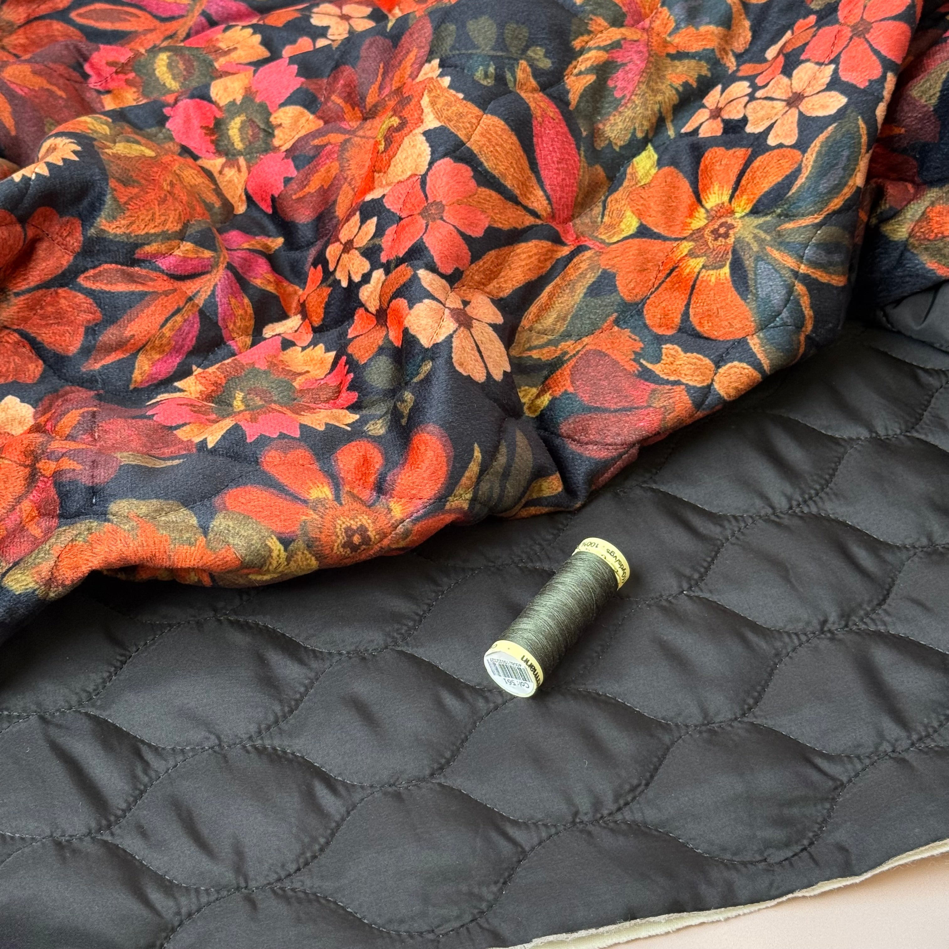 Autumn Leaves on Black Quilted Velvet Fabric