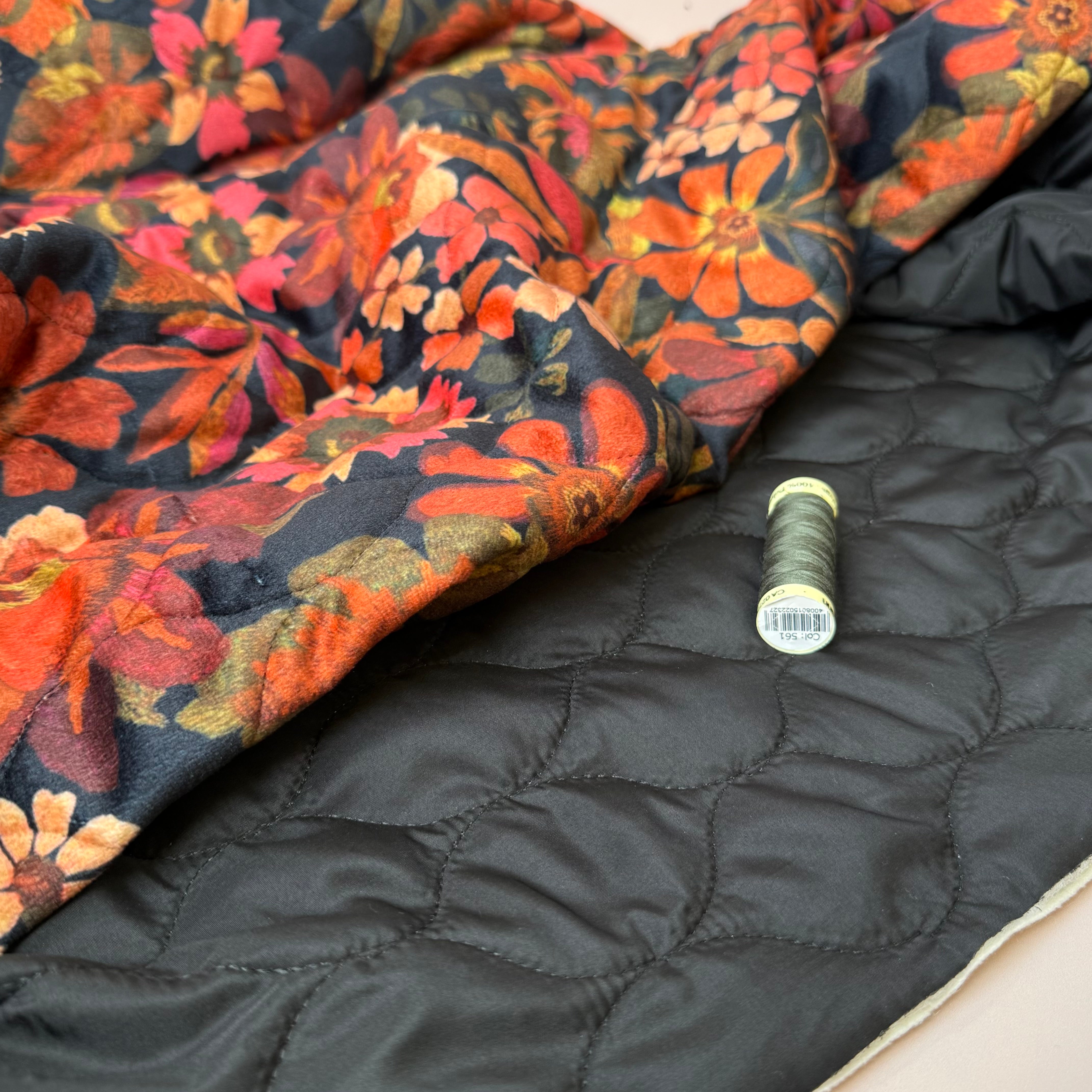 Autumn Leaves on Black Quilted Velvet Fabric