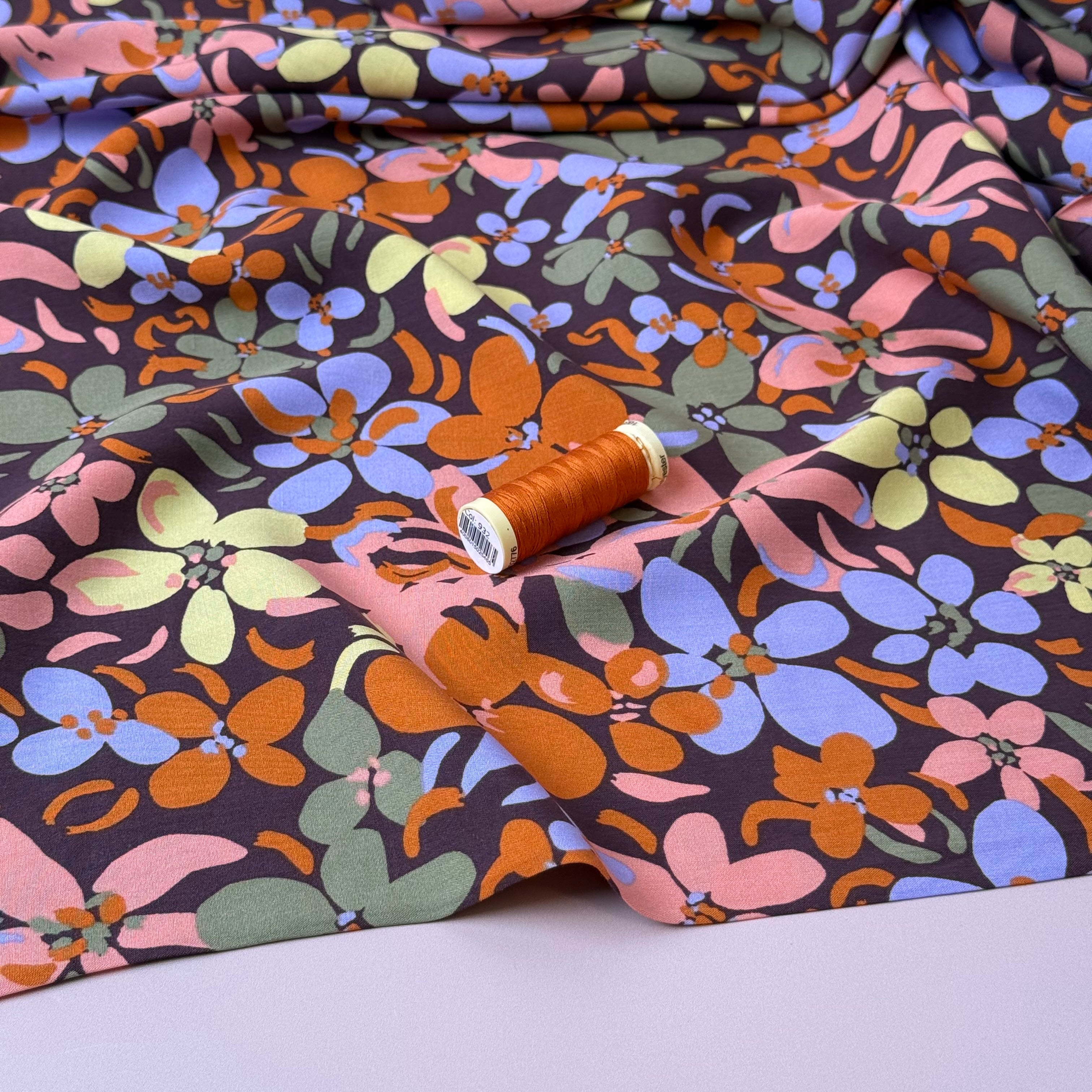 Graphic Floral Field Brown Viscose Fabric