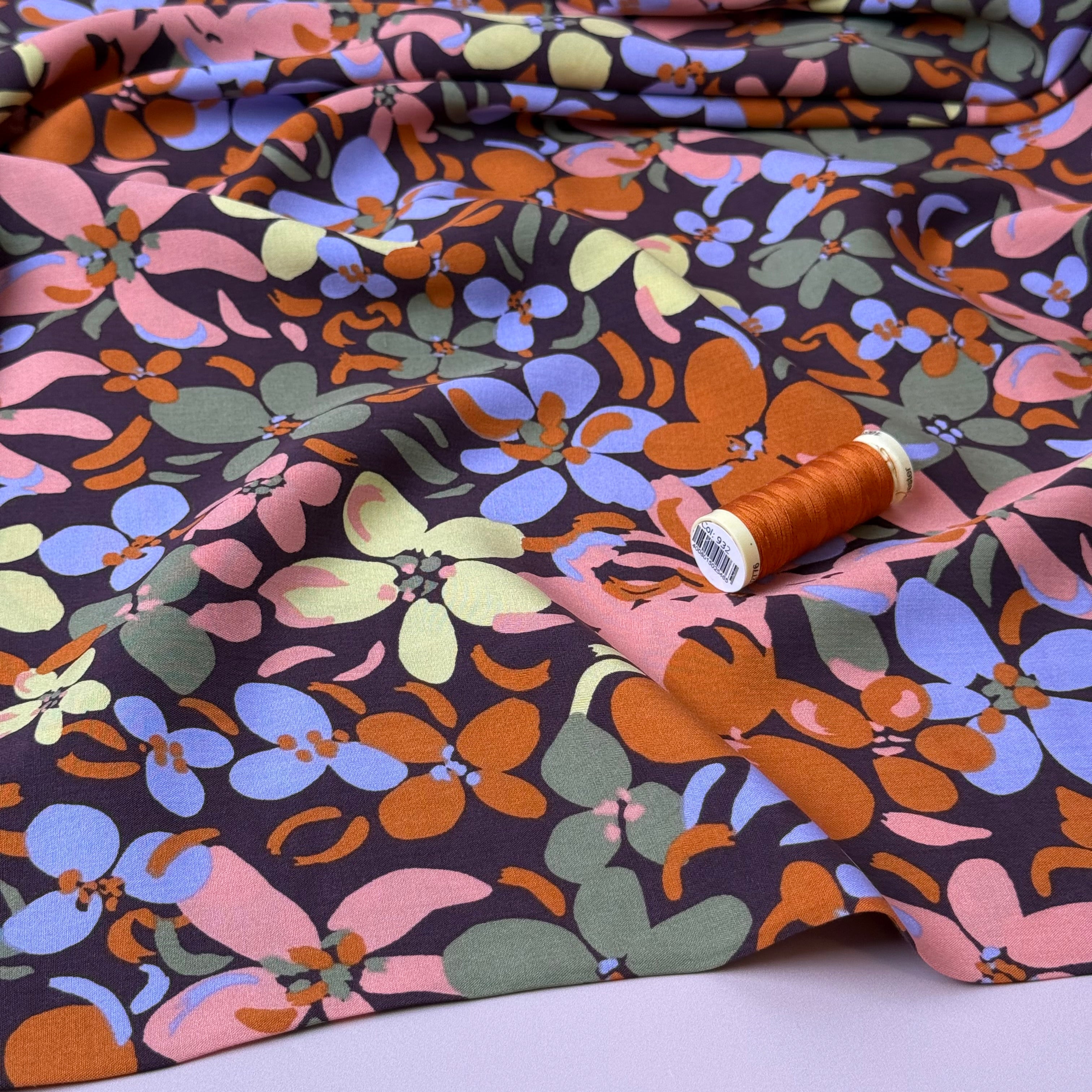 Graphic Floral Field Brown Viscose Fabric