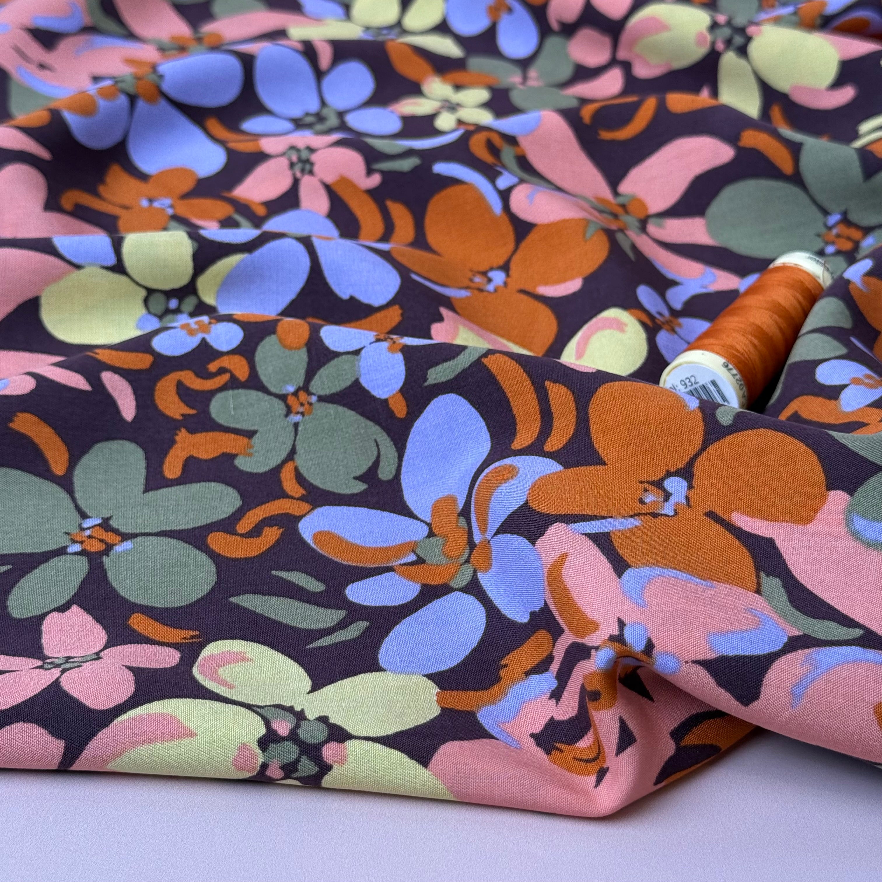 Graphic Floral Field Brown Viscose Fabric
