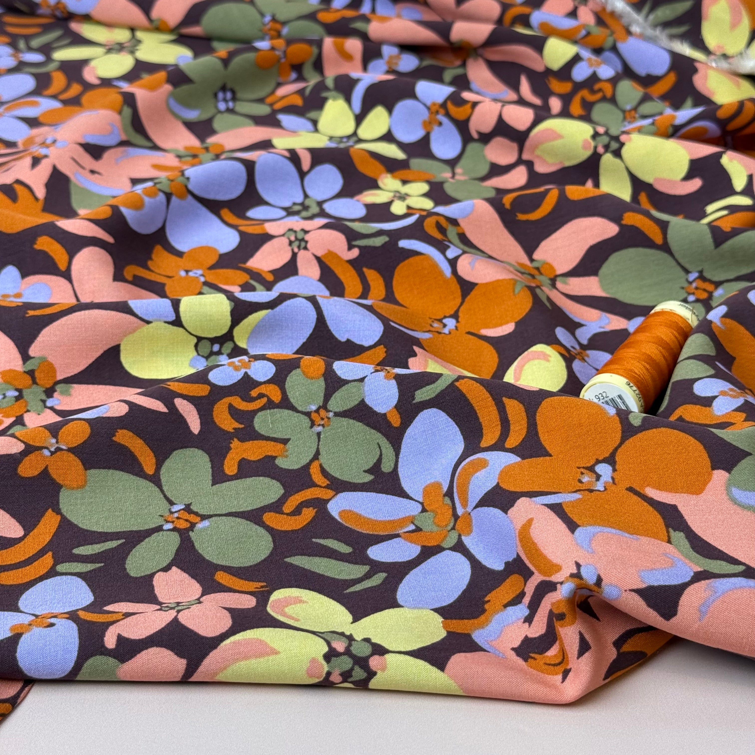 Graphic Floral Field Brown Viscose Fabric