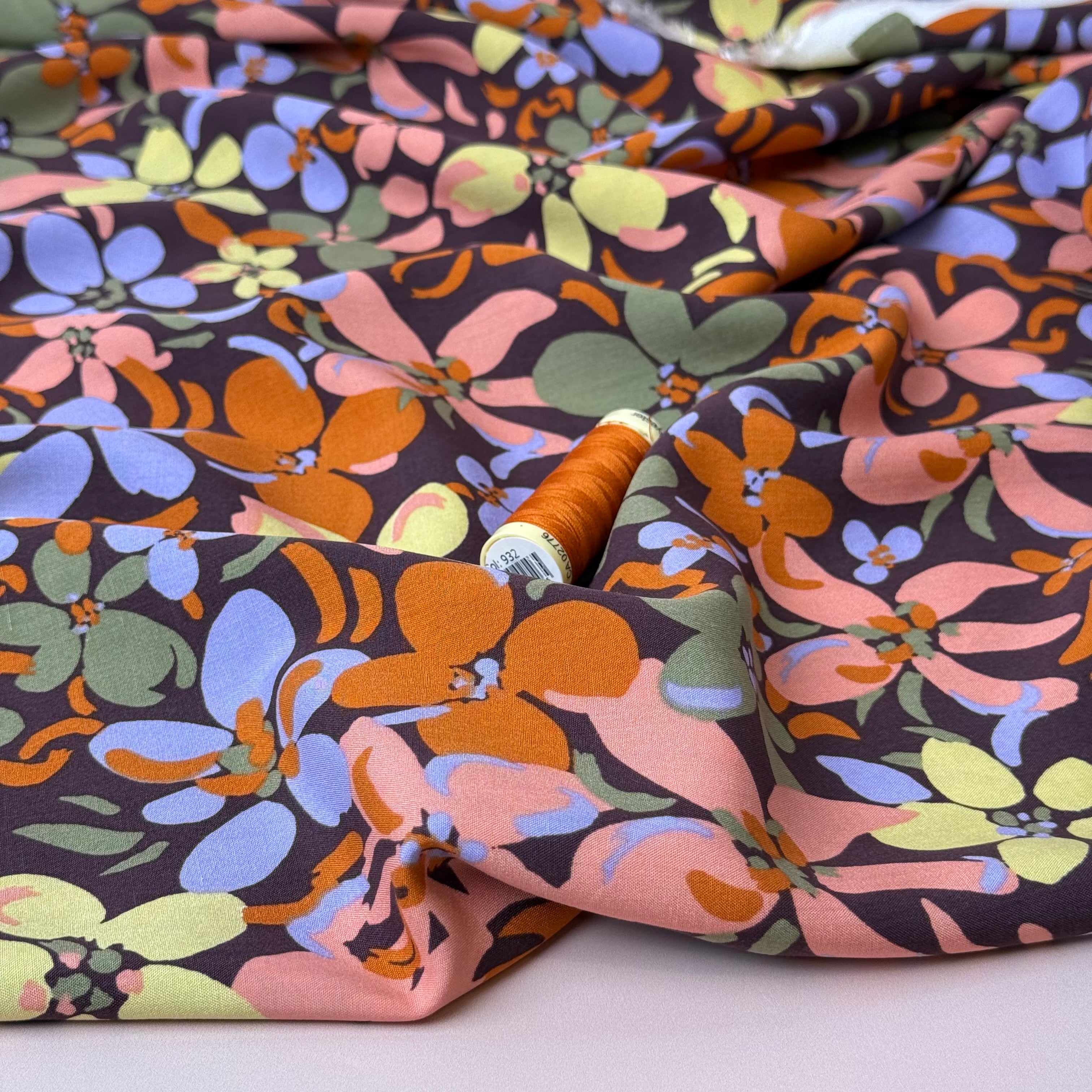 Graphic Floral Field Brown Viscose Fabric