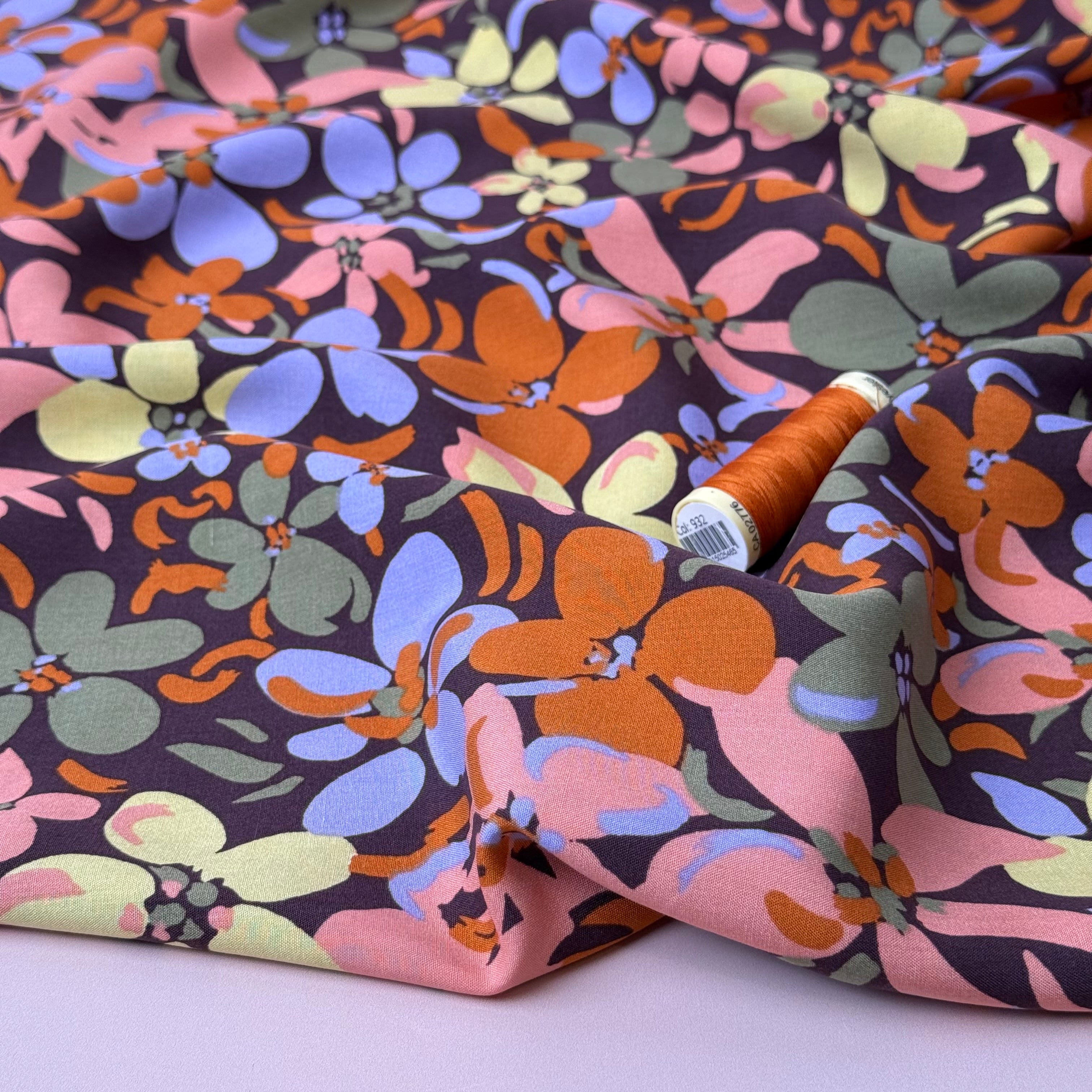 Graphic Floral Field Brown Viscose Fabric