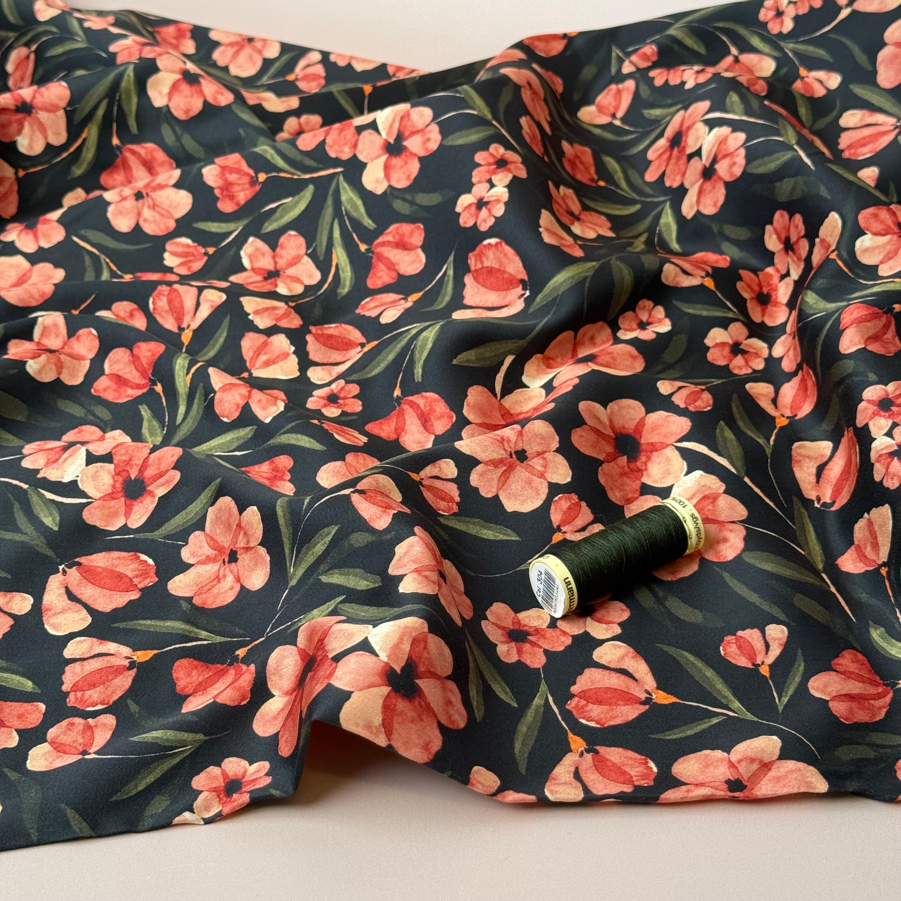 Autumn Flowers in Midnight Cotton Sateen Fabric