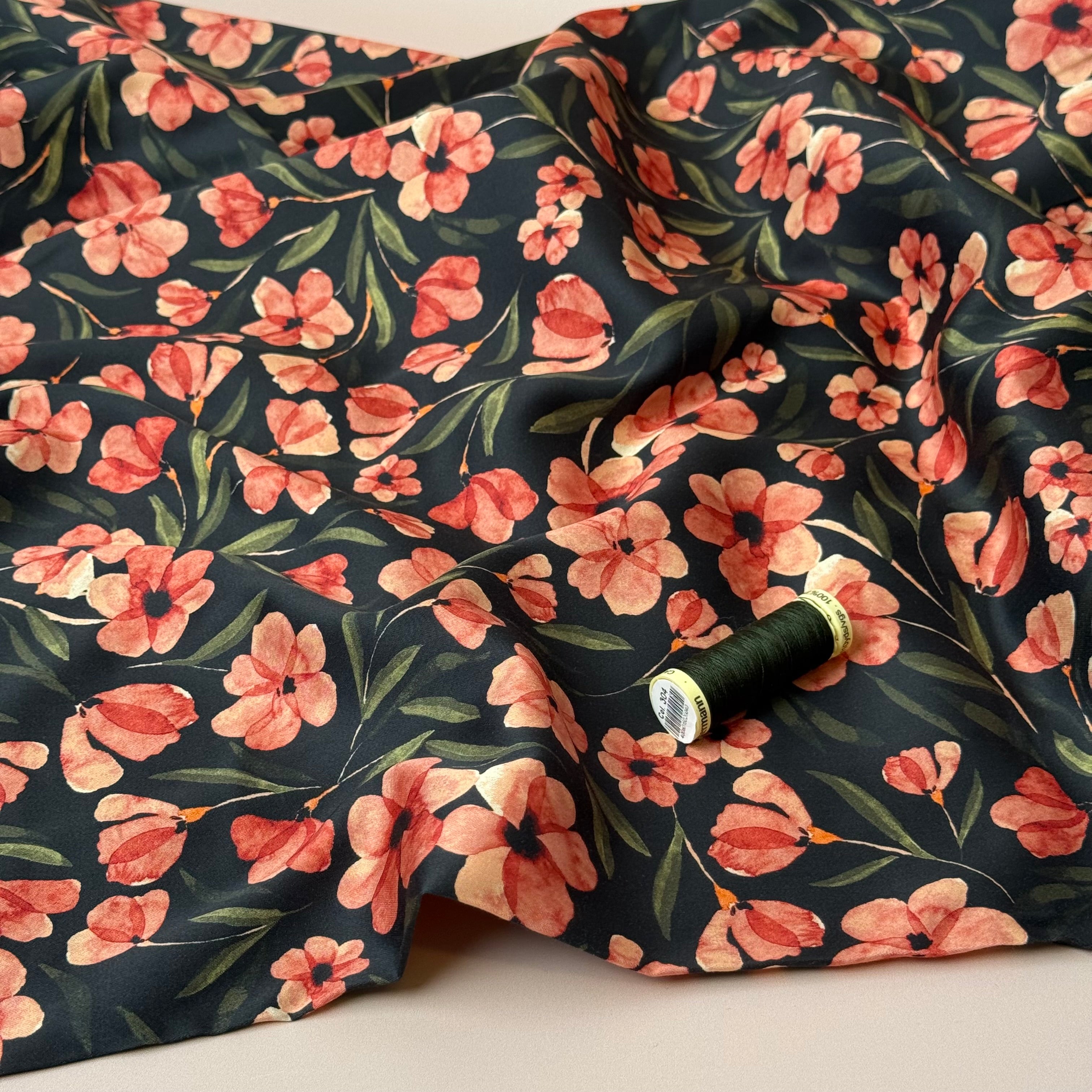 Autumn Flowers in Midnight Cotton Sateen Fabric