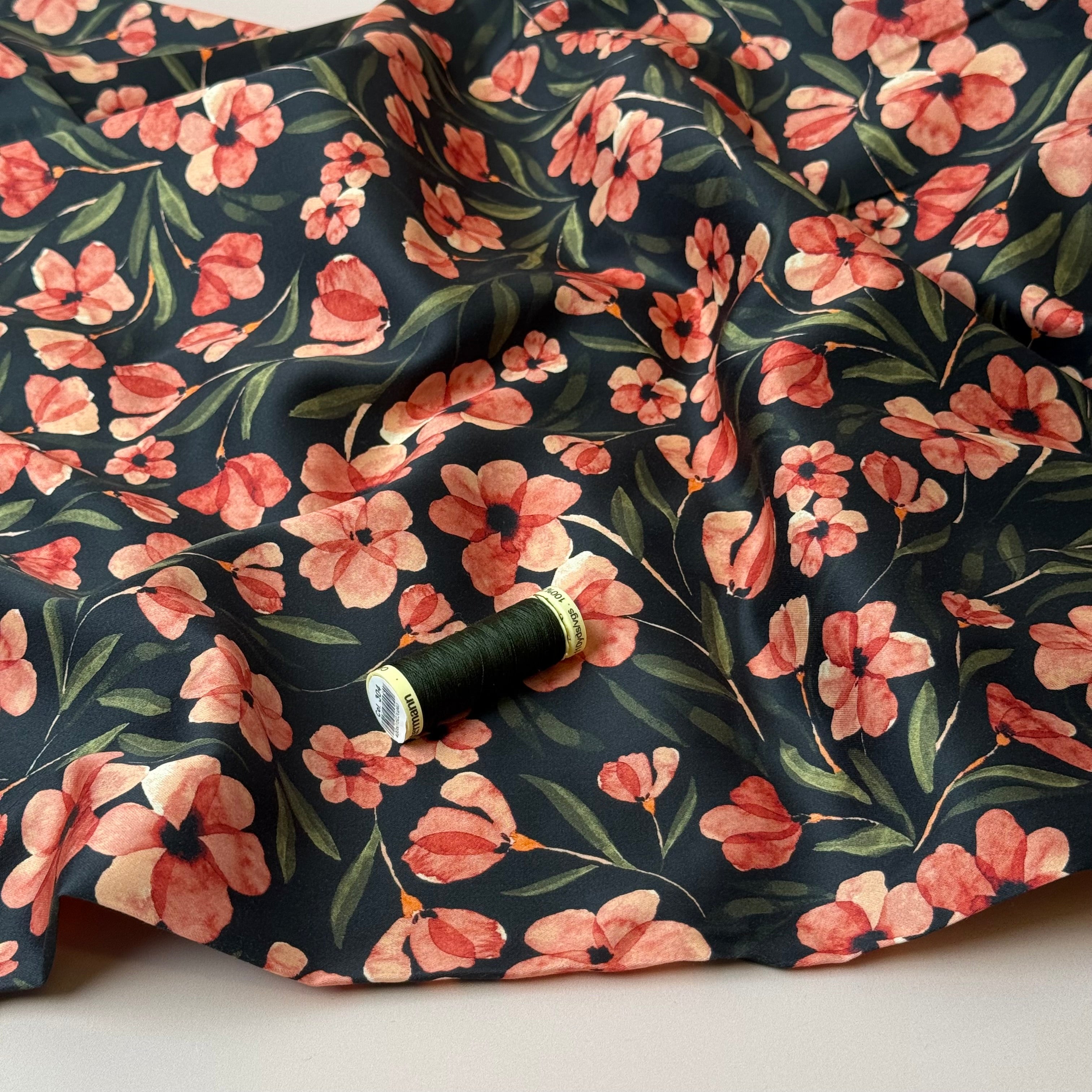 Autumn Flowers in Midnight Cotton Sateen Fabric