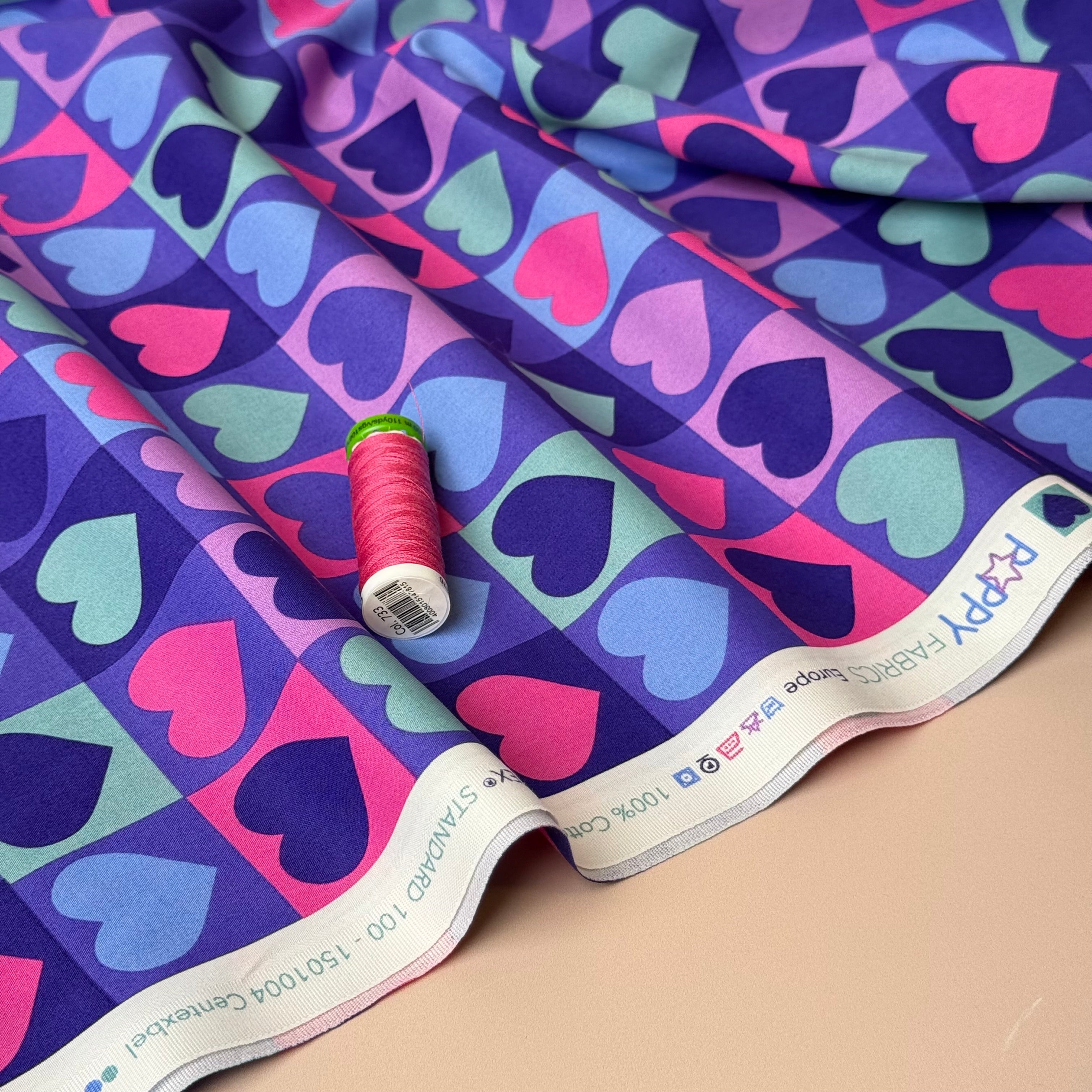Hearts on Cornflower Blue Fine Cotton Poplin Fabric