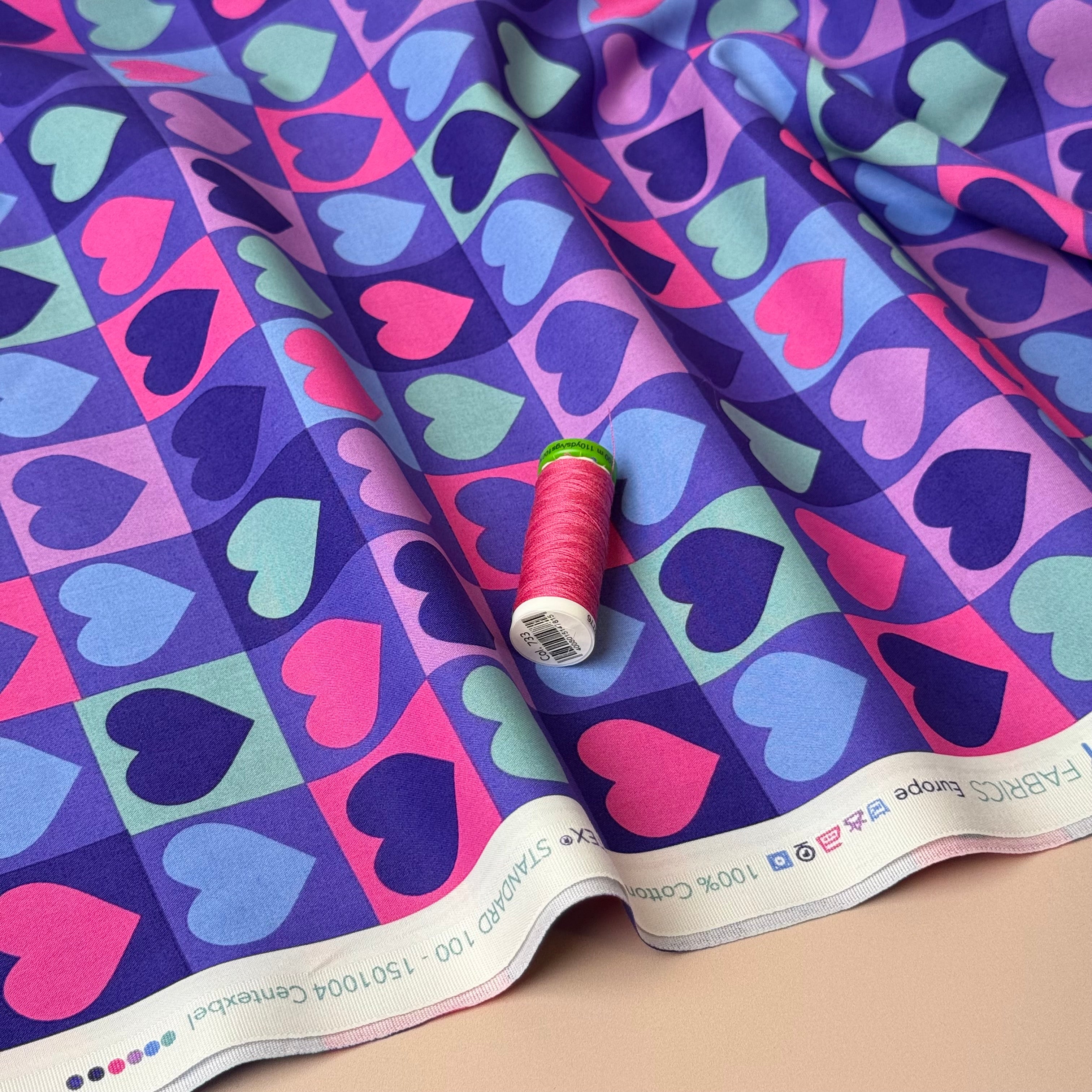 Hearts on Cornflower Blue Fine Cotton Poplin Fabric