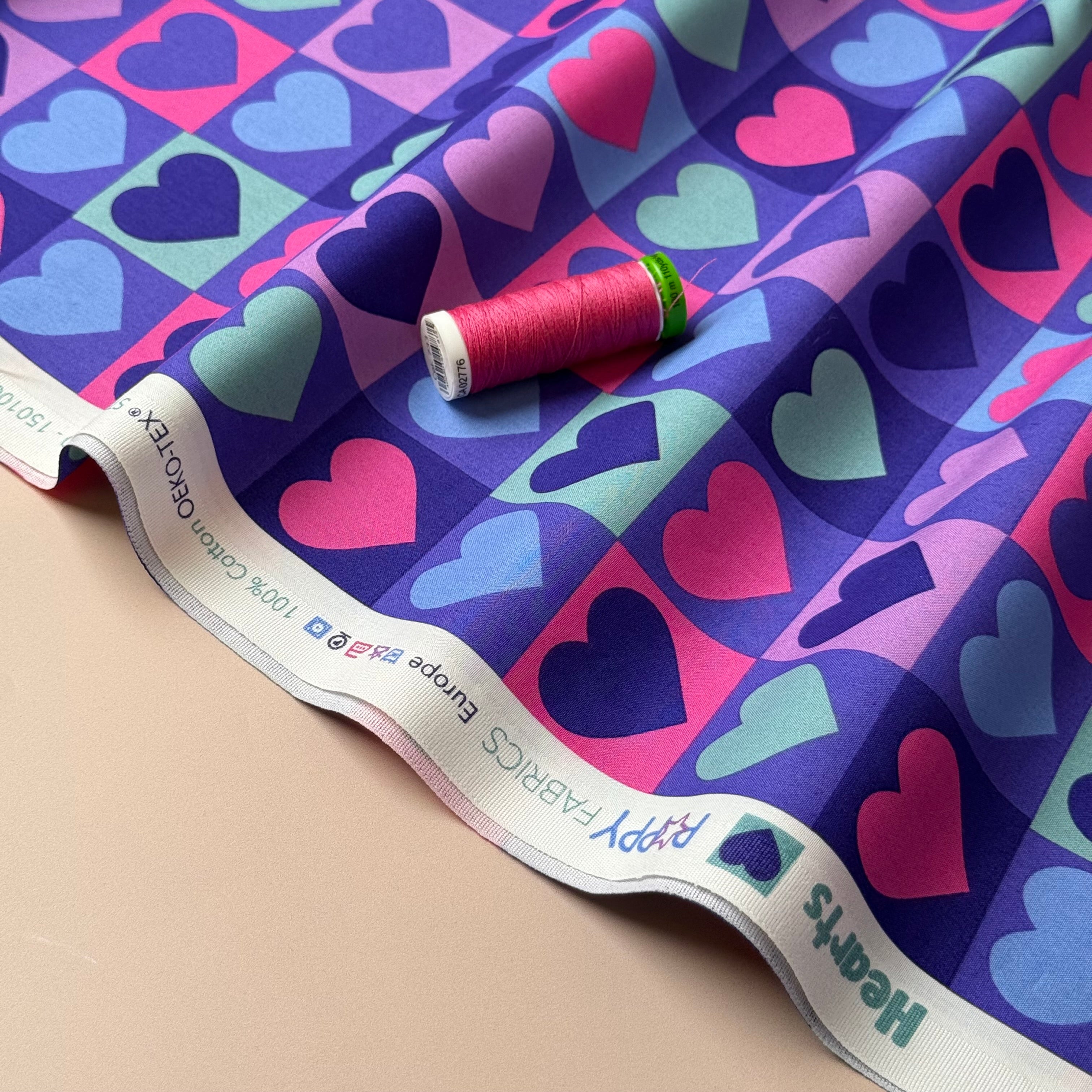 Hearts on Cornflower Blue Fine Cotton Poplin Fabric