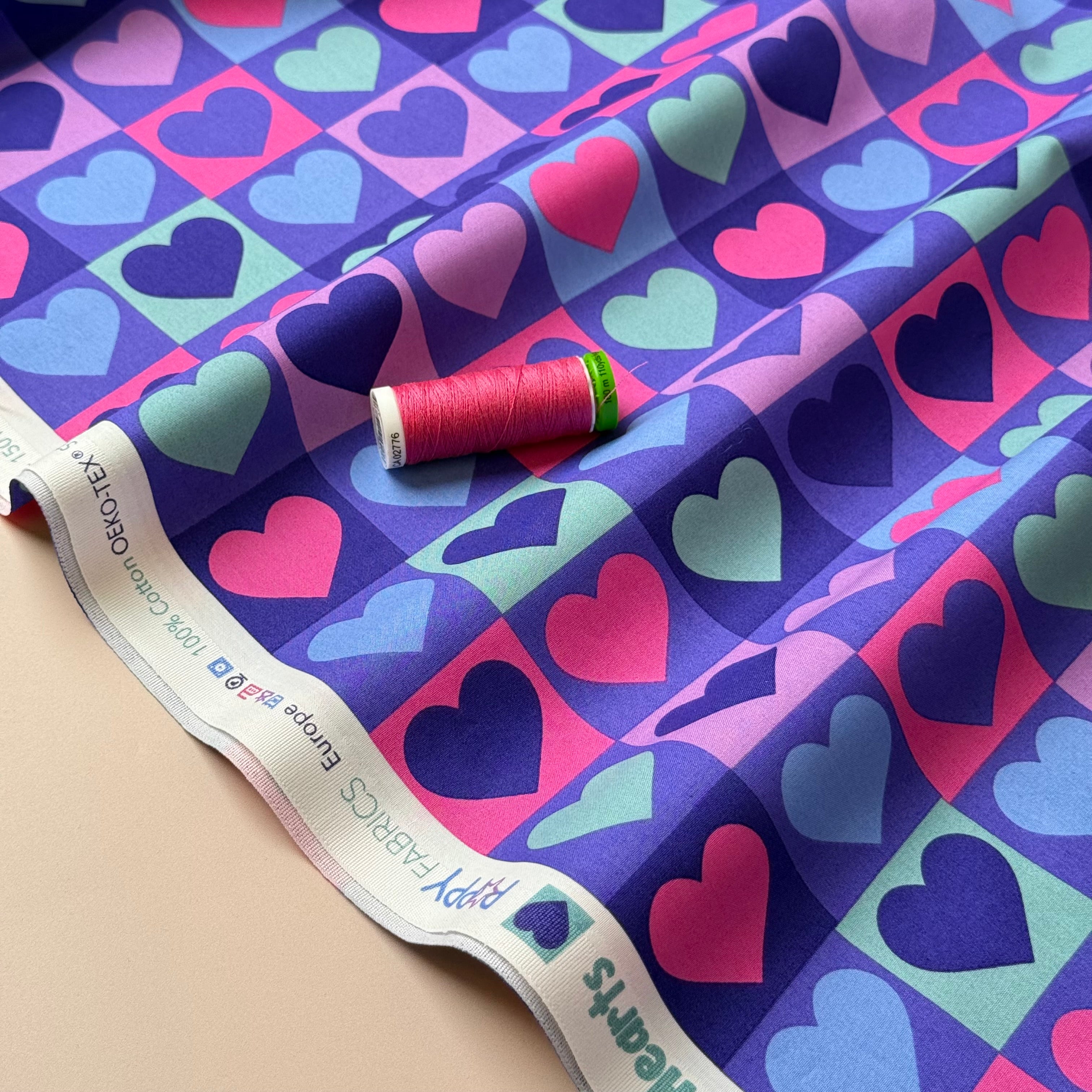 Hearts on Cornflower Blue Fine Cotton Poplin Fabric