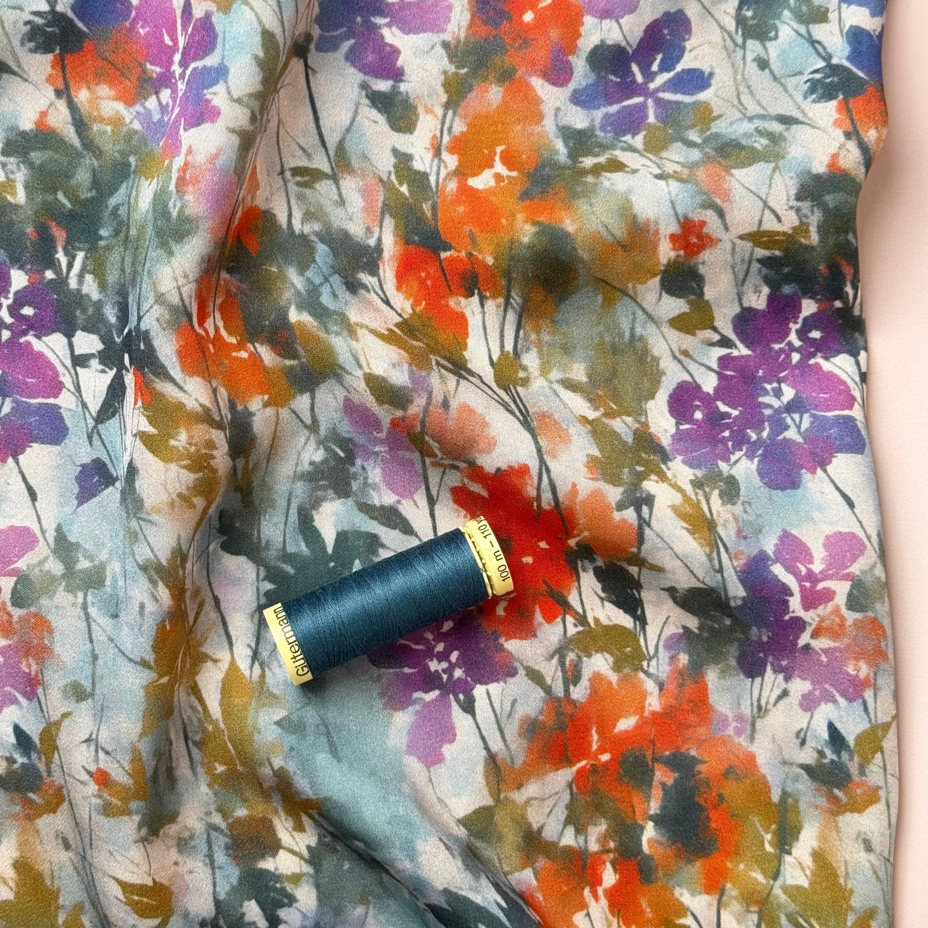 Hazy Autumn Flowers Viscose Sateen Fabric