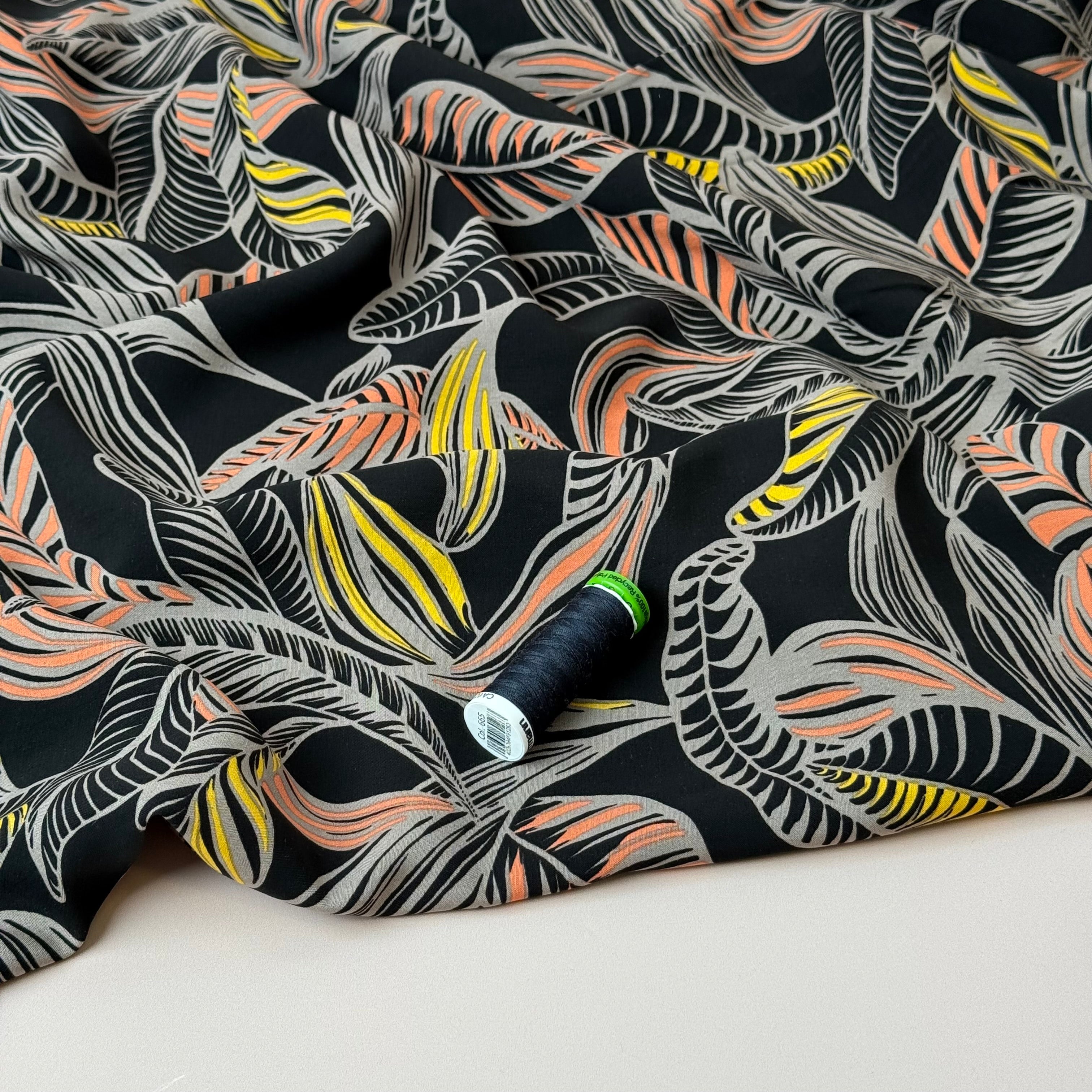 Leaves on Black LENZING™ ECOVERO™ Viscose Fabric