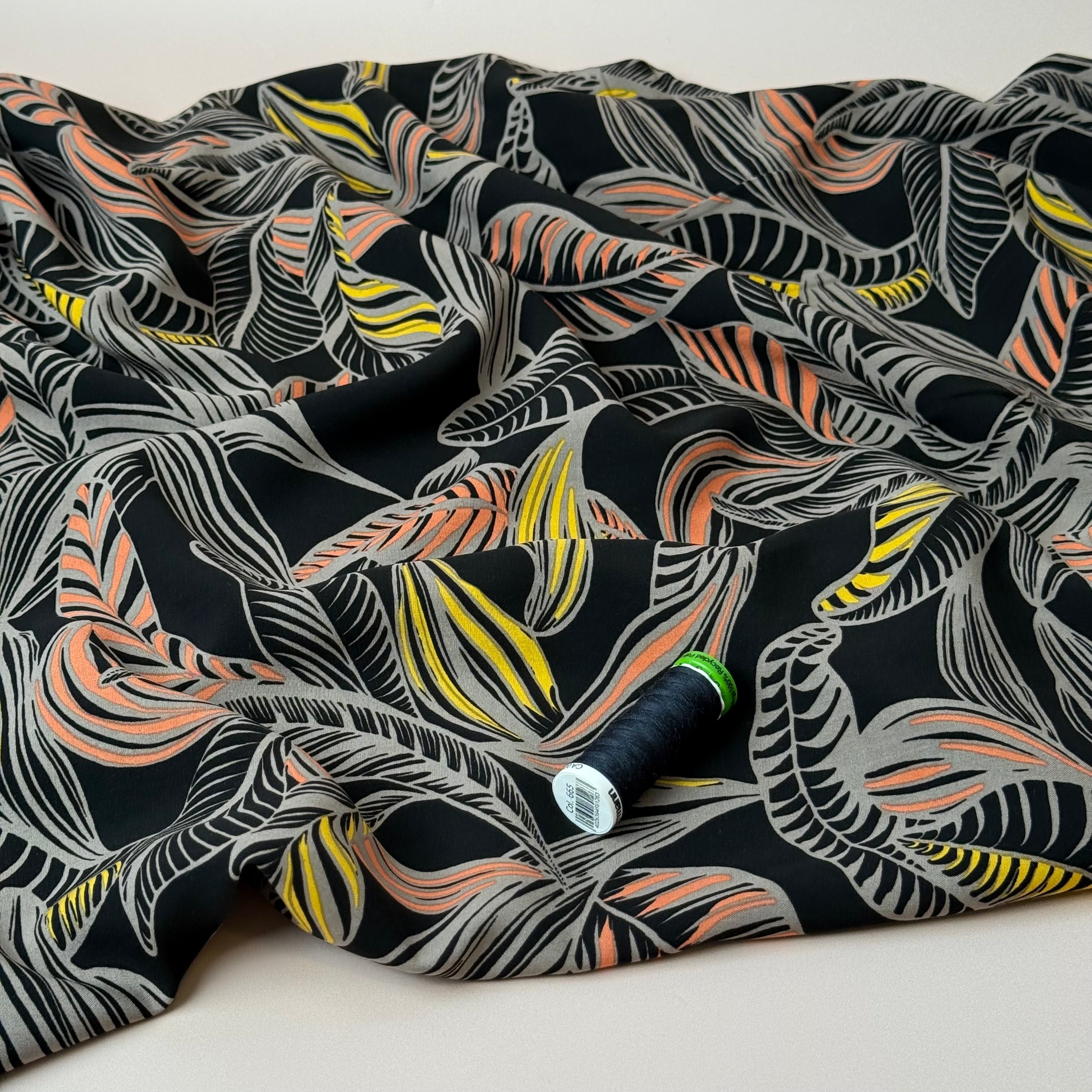 Leaves on Black LENZING™ ECOVERO™ Viscose Fabric