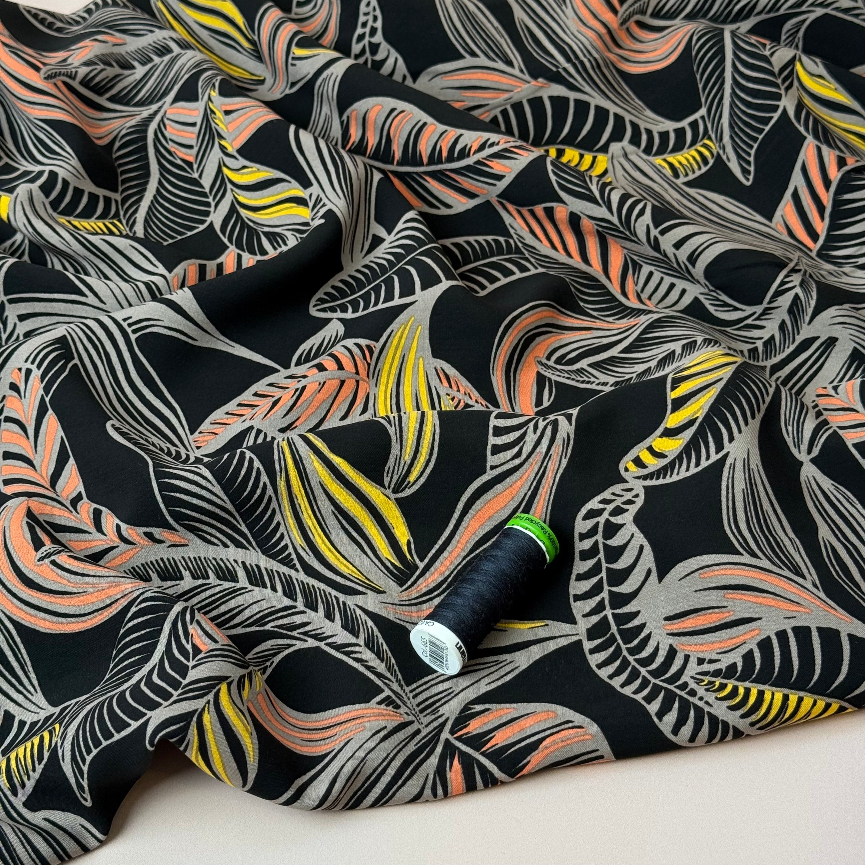 Leaves on Black LENZING™ ECOVERO™ Viscose Fabric