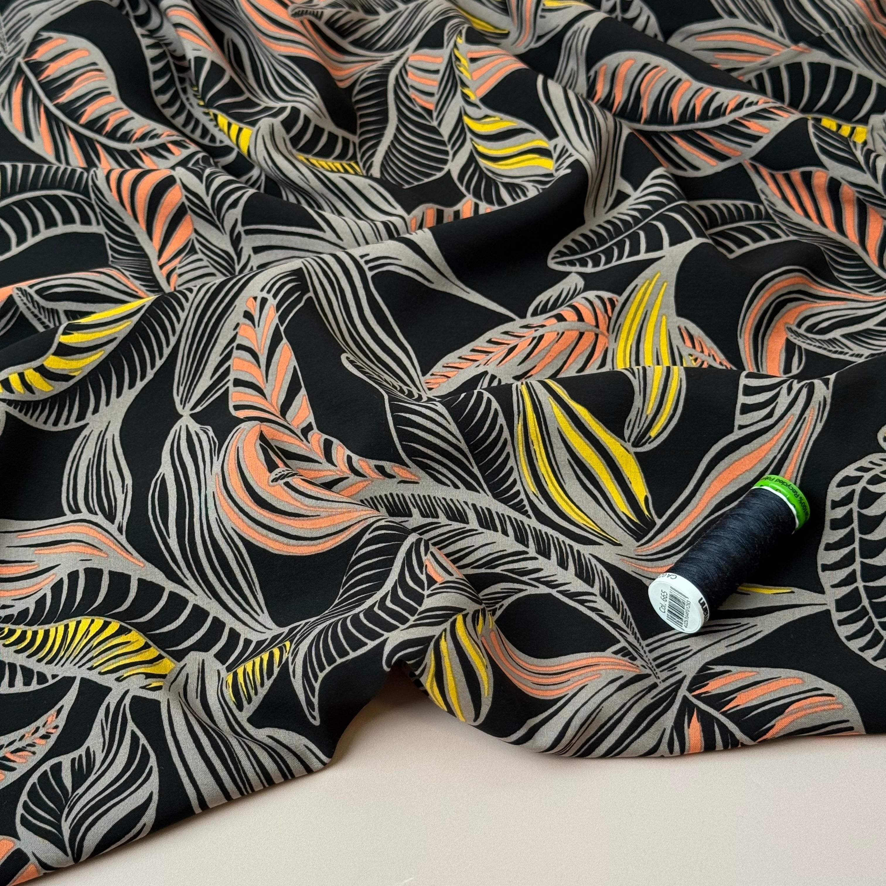 Leaves on Black LENZING™ ECOVERO™ Viscose Fabric