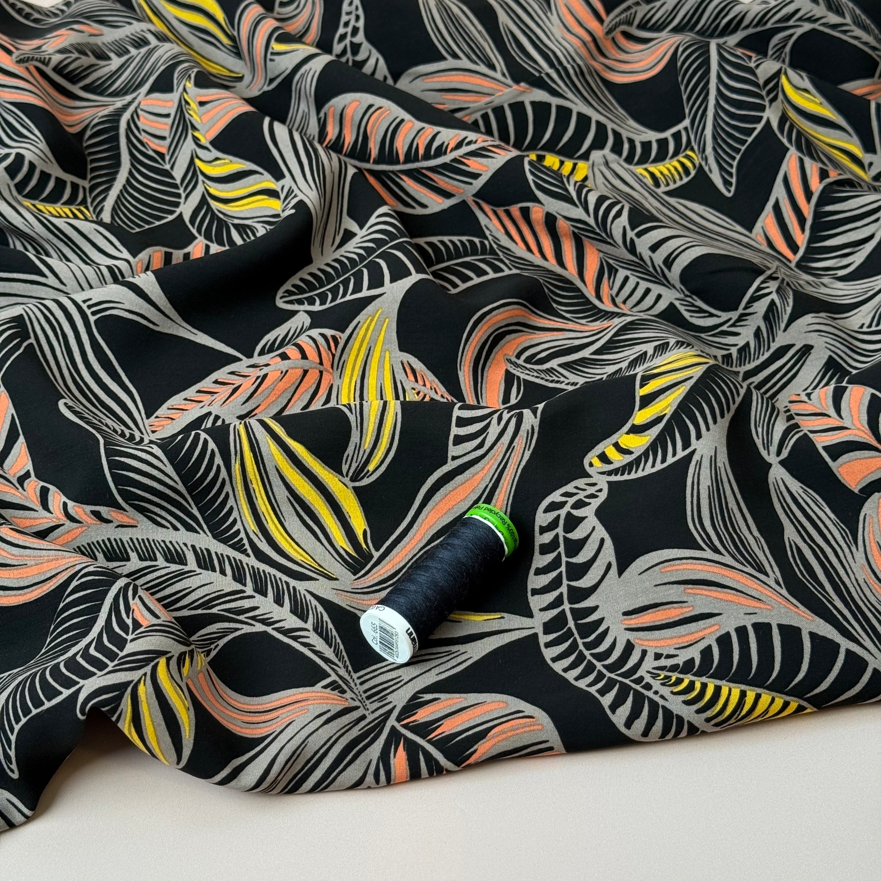 Leaves on Black LENZING™ ECOVERO™ Viscose Fabric