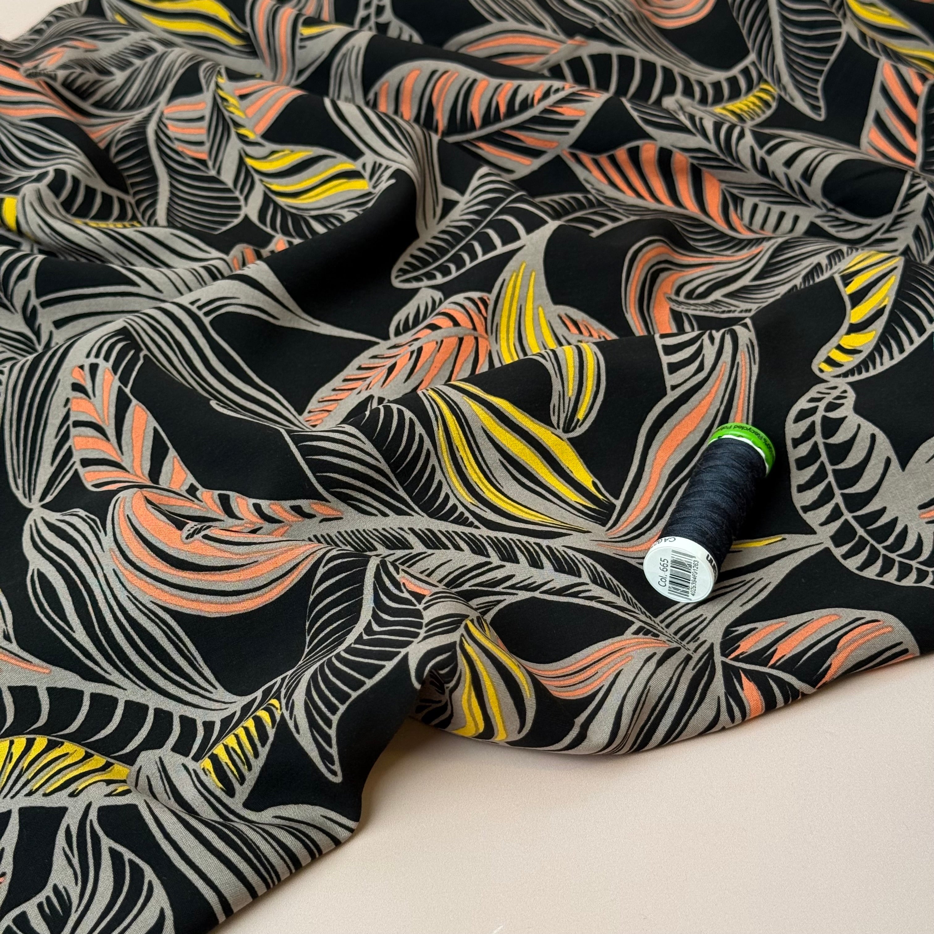 Leaves on Black LENZING™ ECOVERO™ Viscose Fabric