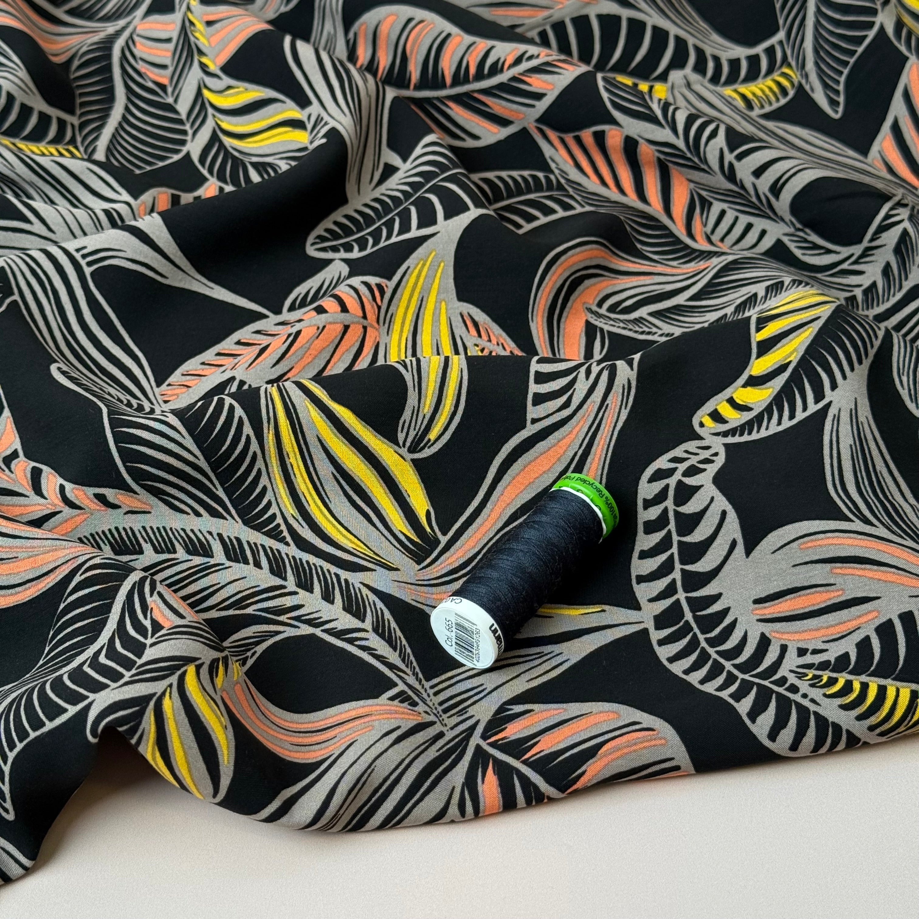 Leaves on Black LENZING™ ECOVERO™ Viscose Fabric