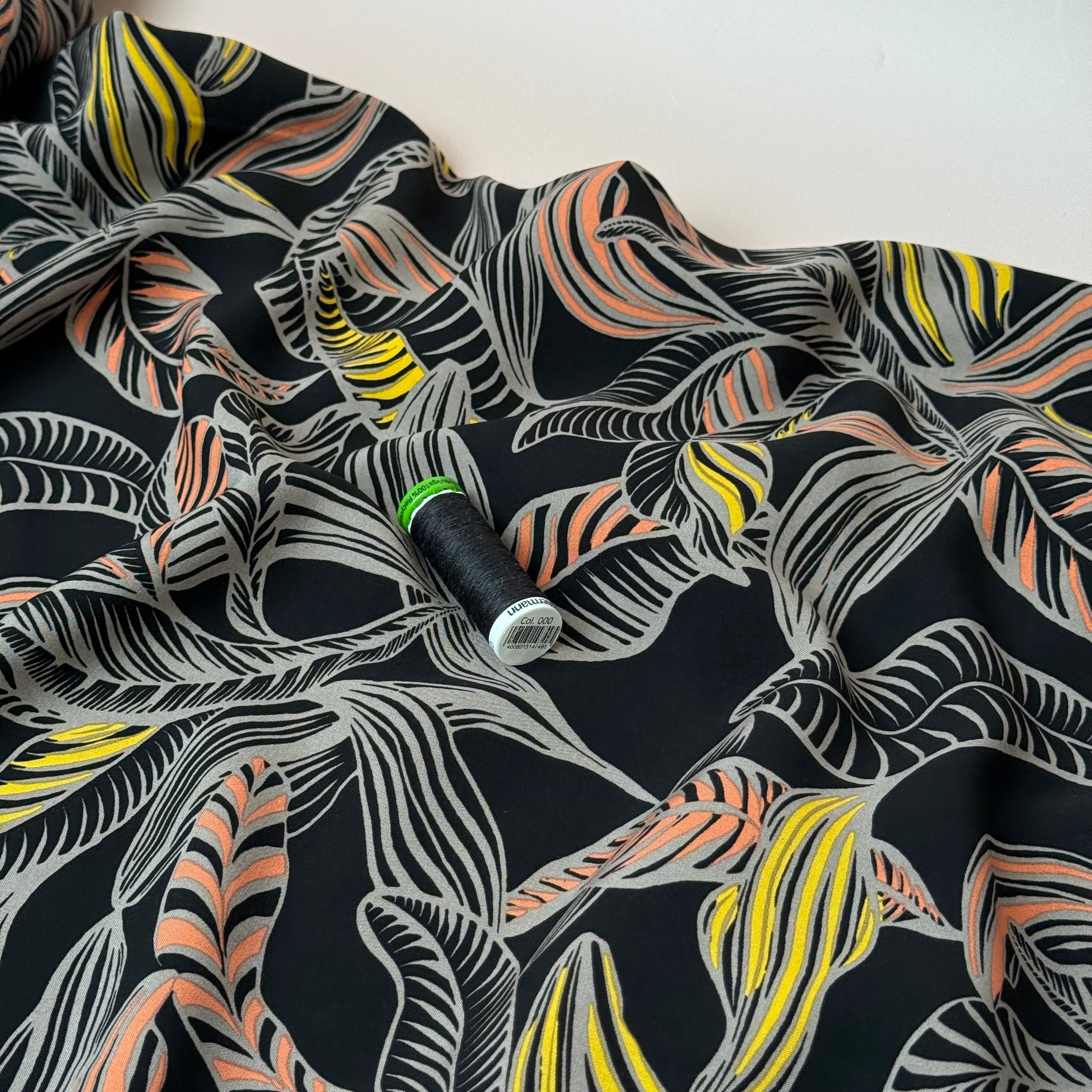 Leaves on Black LENZING™ ECOVERO™ Viscose Fabric