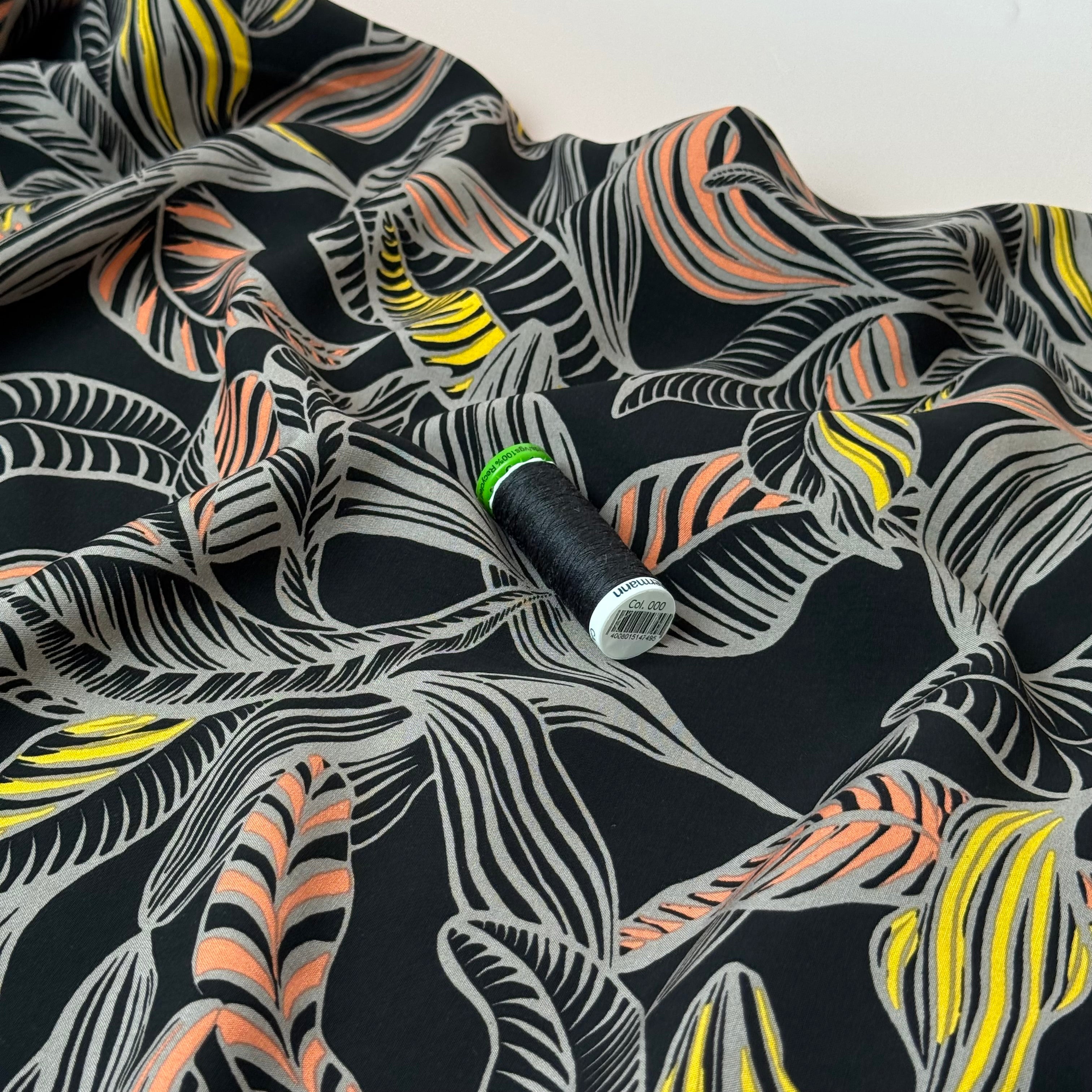 Leaves on Black LENZING™ ECOVERO™ Viscose Fabric