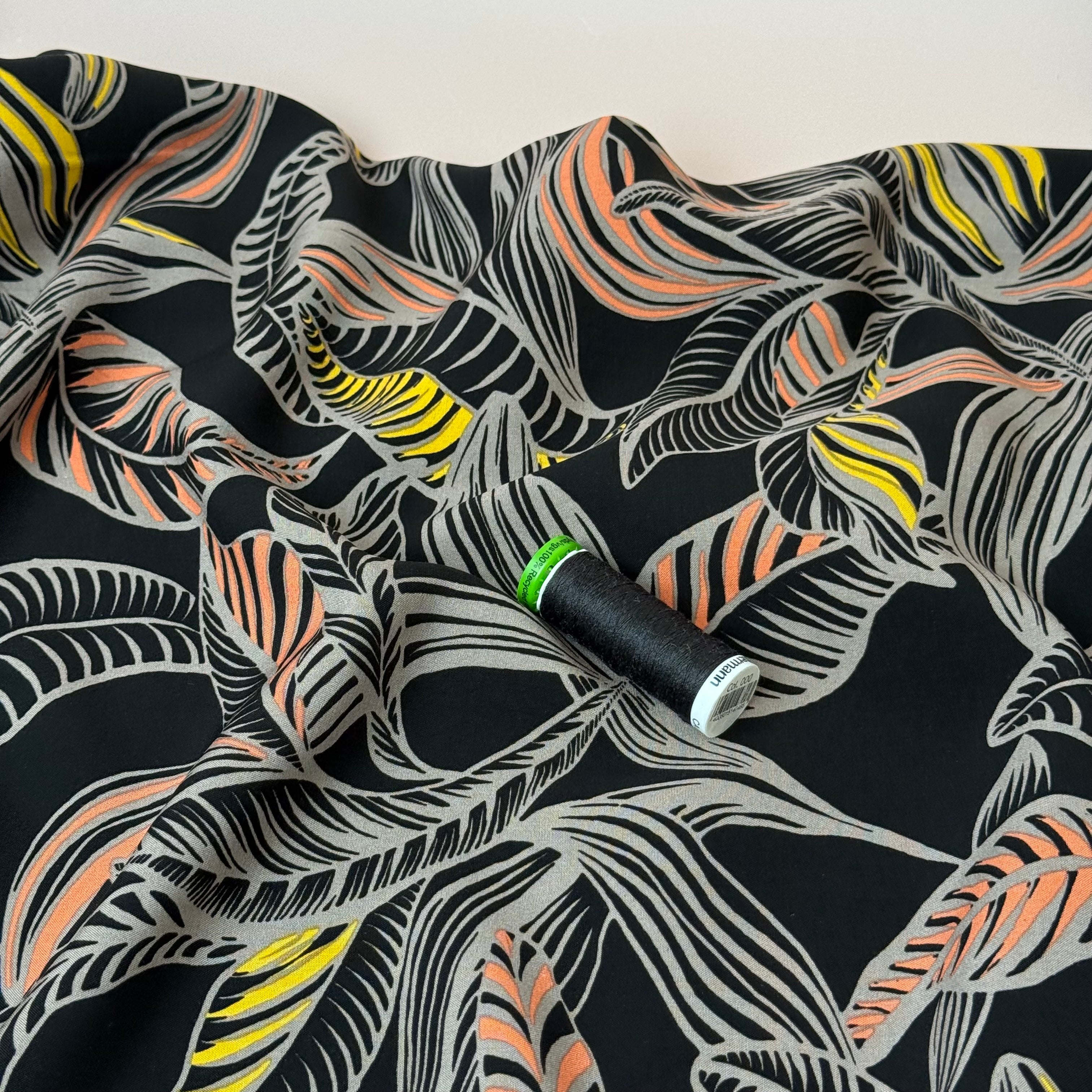 Leaves on Black LENZING™ ECOVERO™ Viscose Fabric