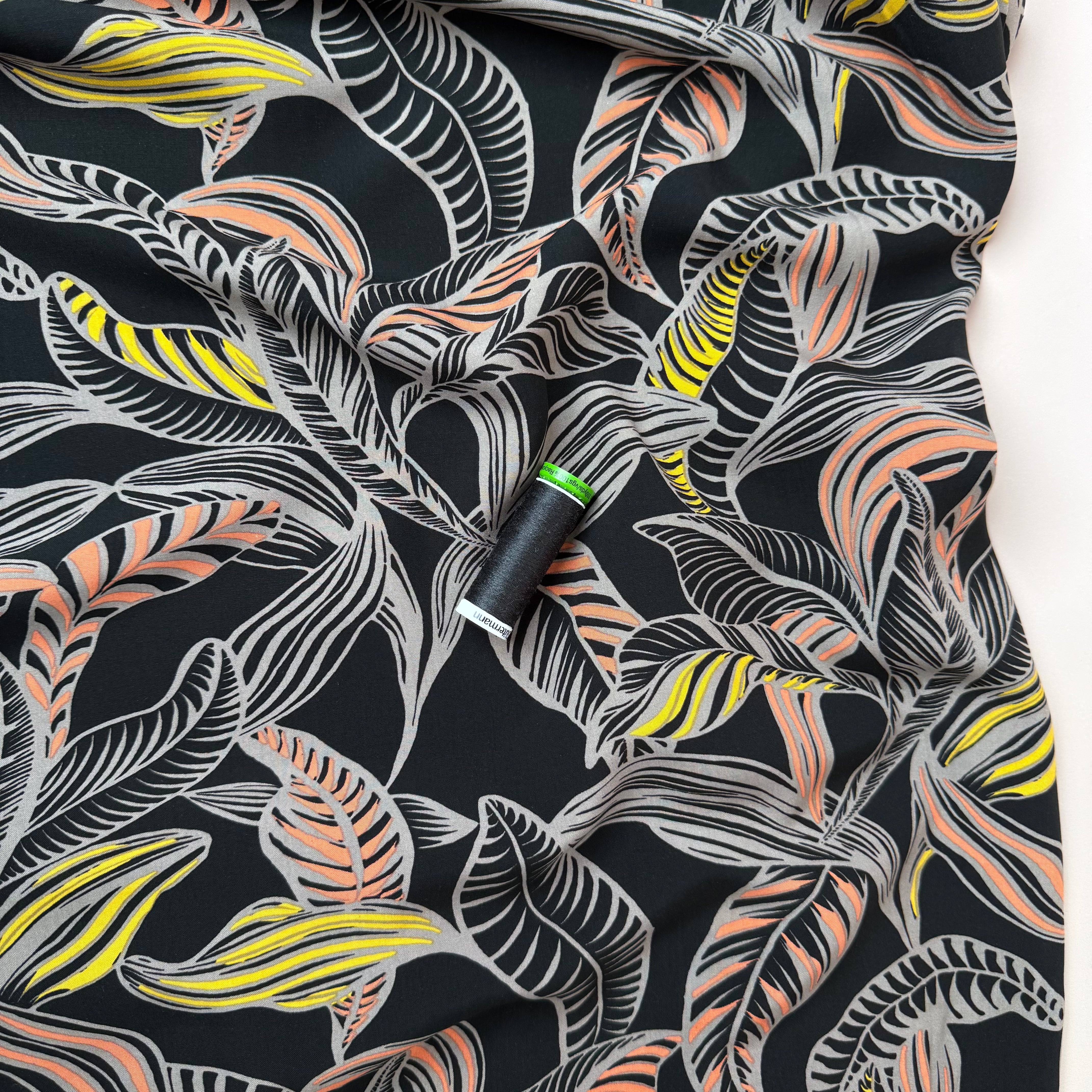 Leaves on Black LENZING™ ECOVERO™ Viscose Fabric