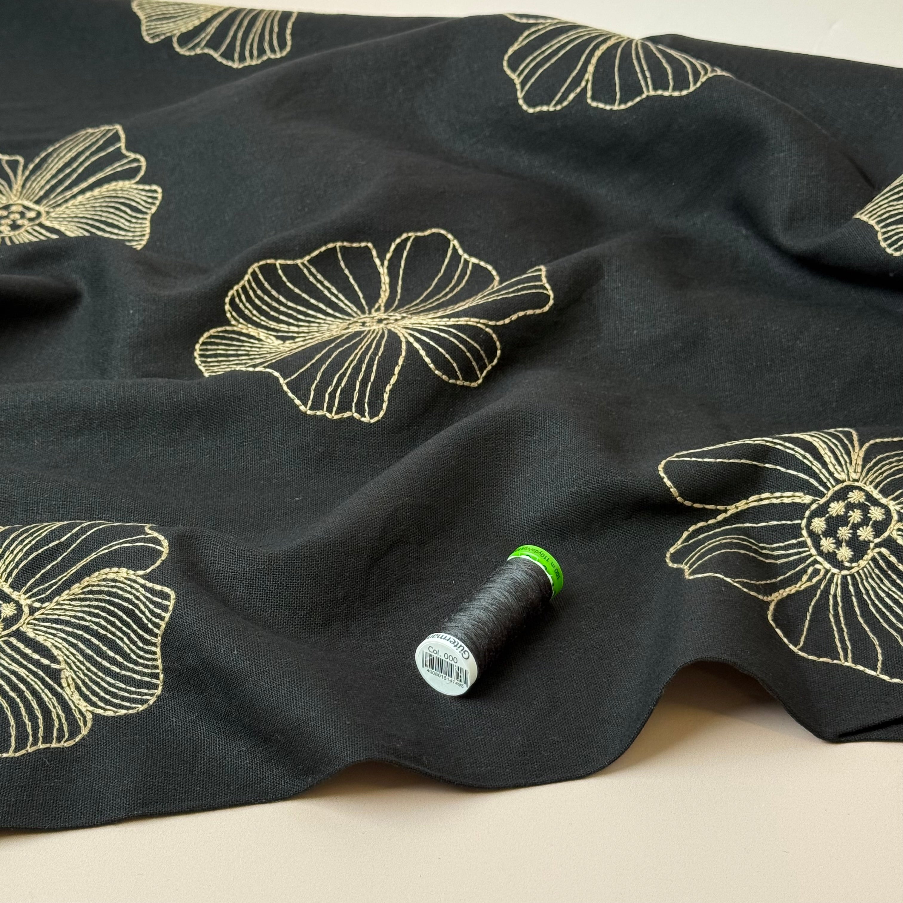 Embroidered Flowers Linen Viscose Blend Fabric in Black