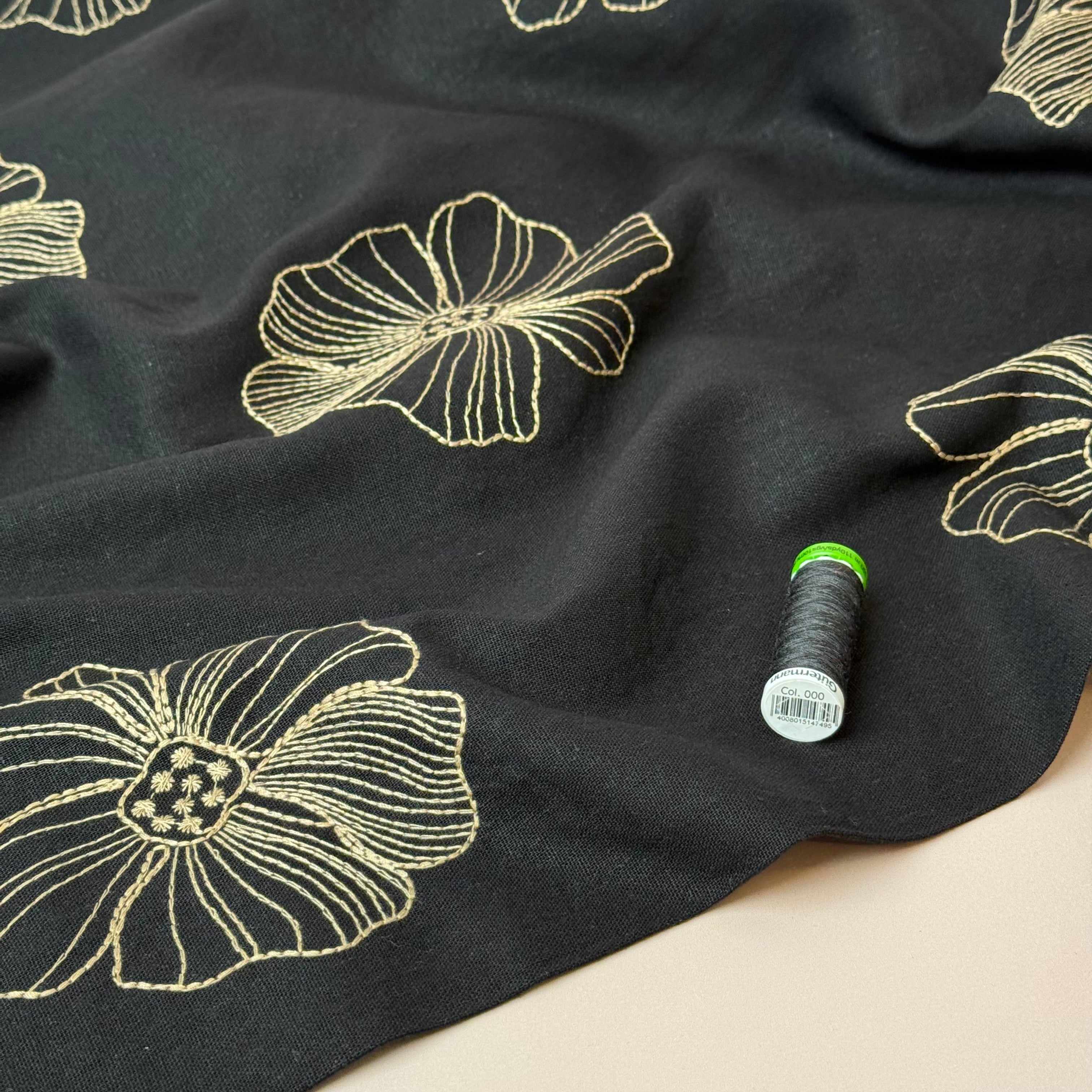 Embroidered Flowers Linen Viscose Blend Fabric in Black
