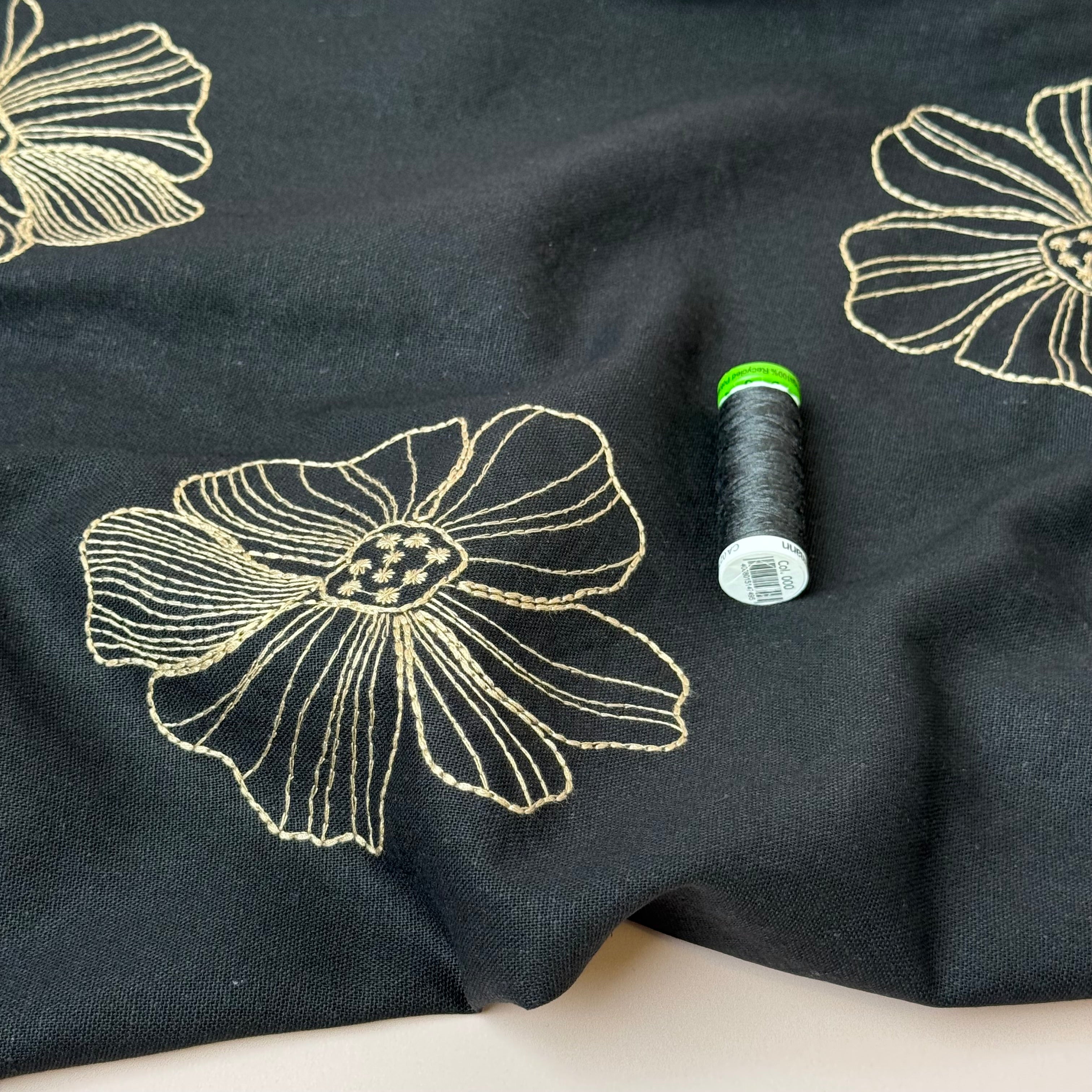 Embroidered Flowers Linen Viscose Blend Fabric in Black