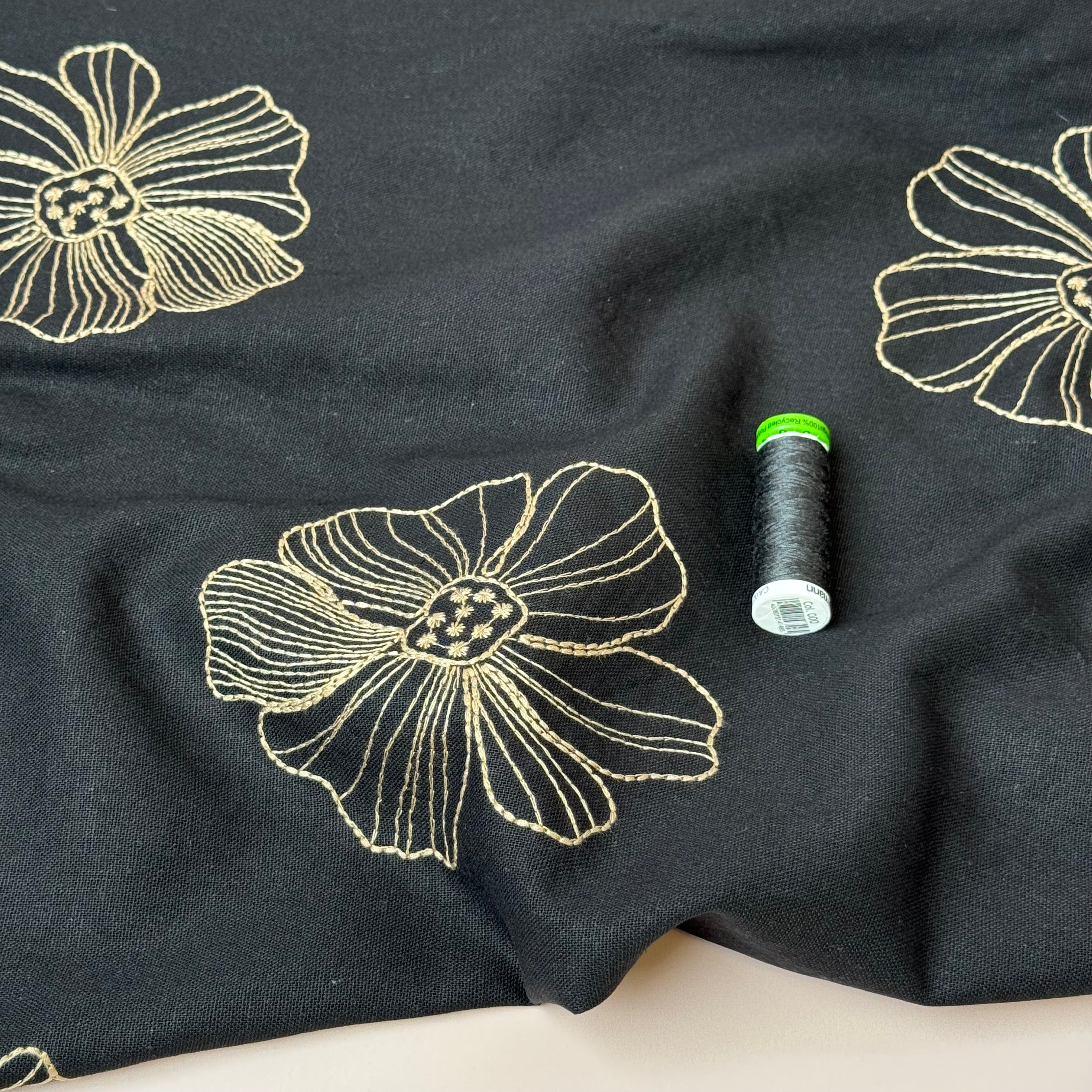 Embroidered Flowers Linen Viscose Blend Fabric in Black