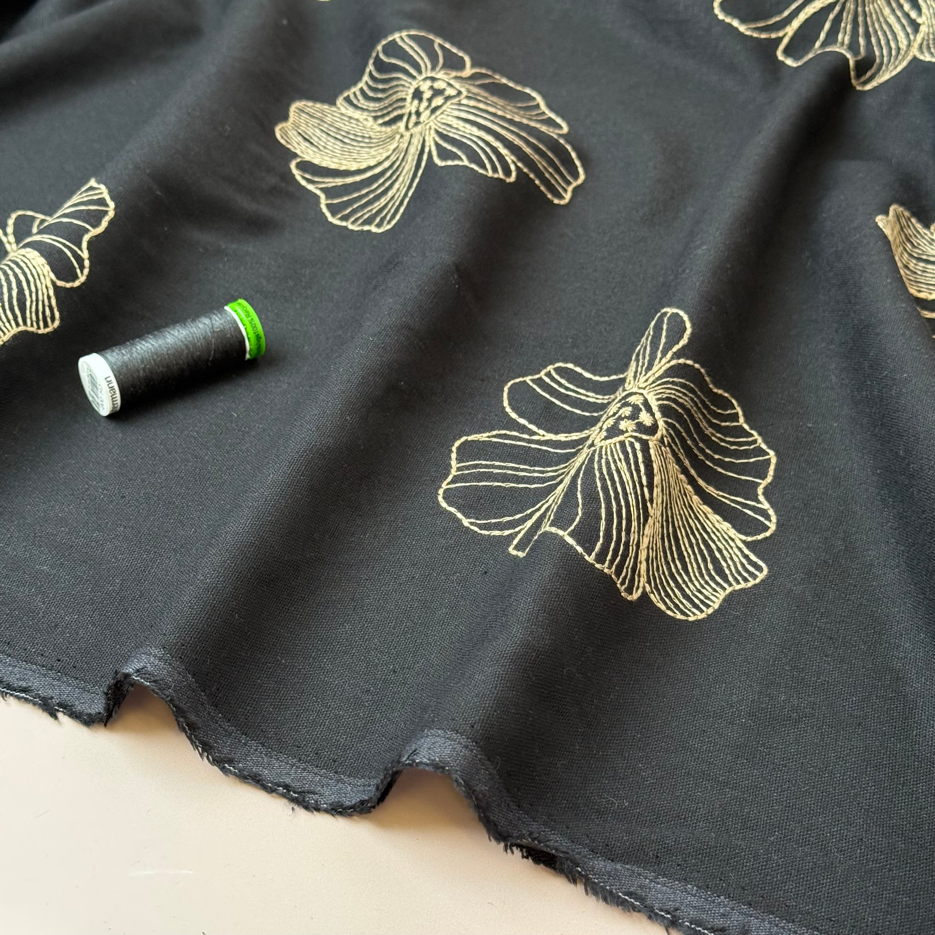 Embroidered Flowers Linen Viscose Blend Fabric in Black