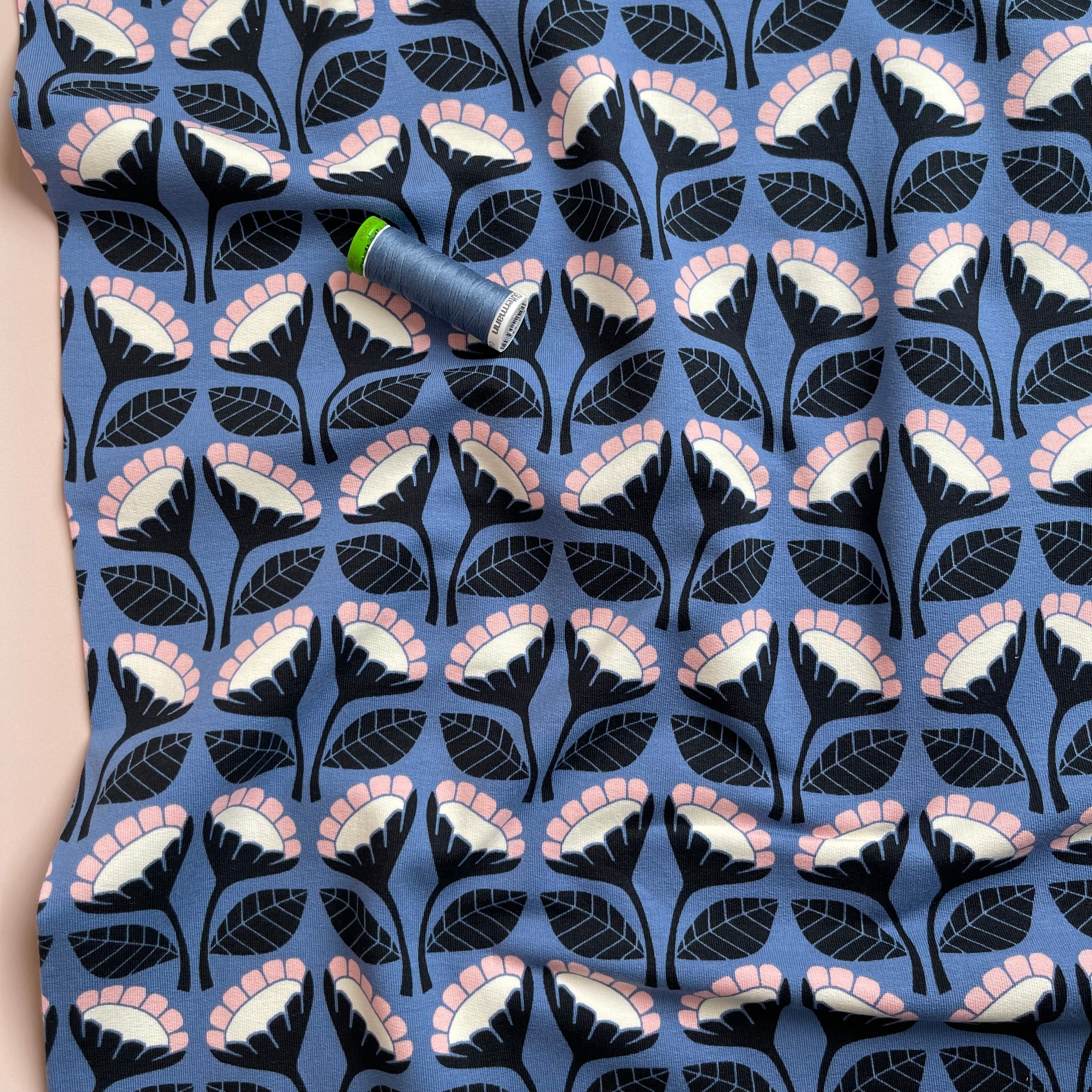 Monochrome Flowers on Blue Cotton French Terry