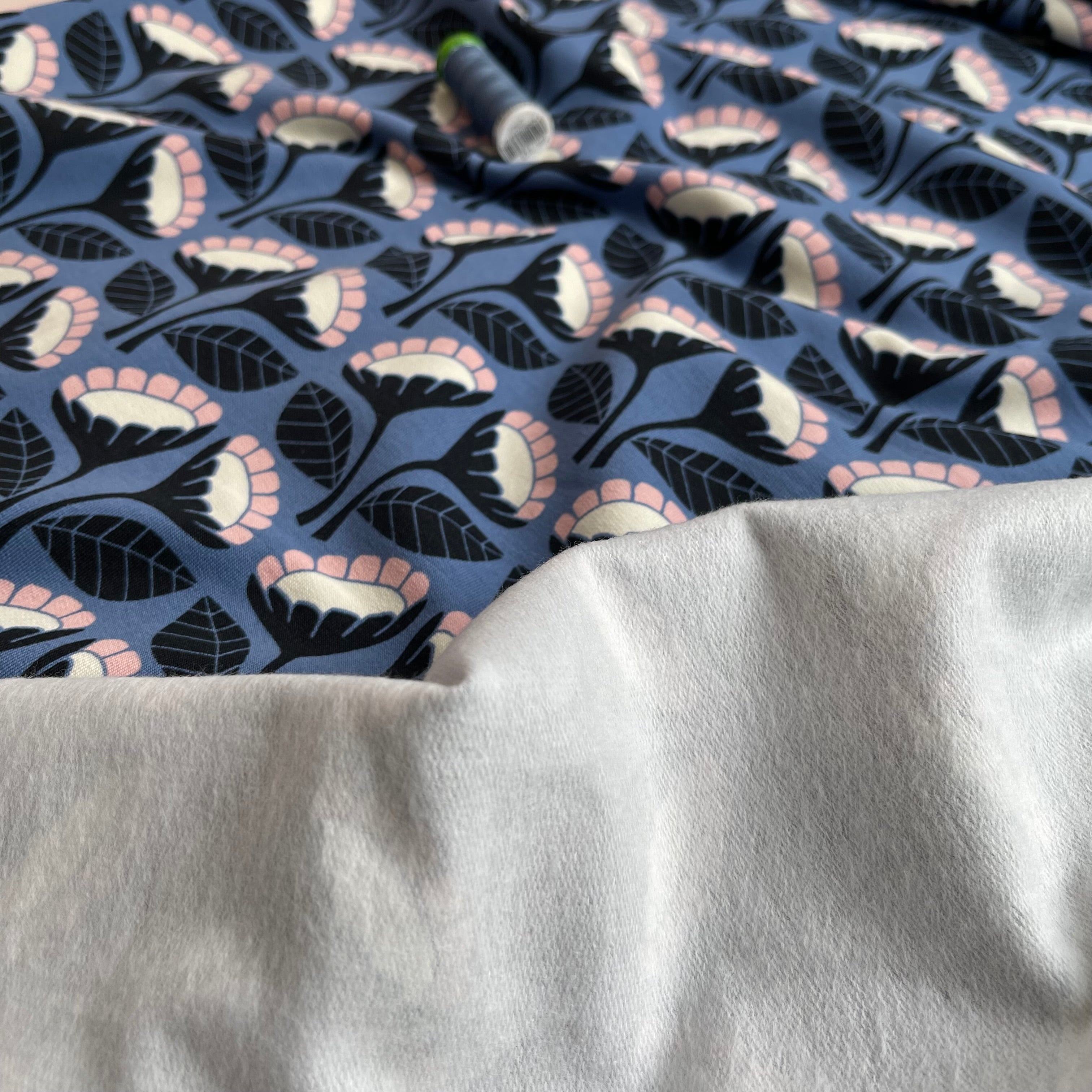 Monochrome Flowers on Blue Cotton French Terry
