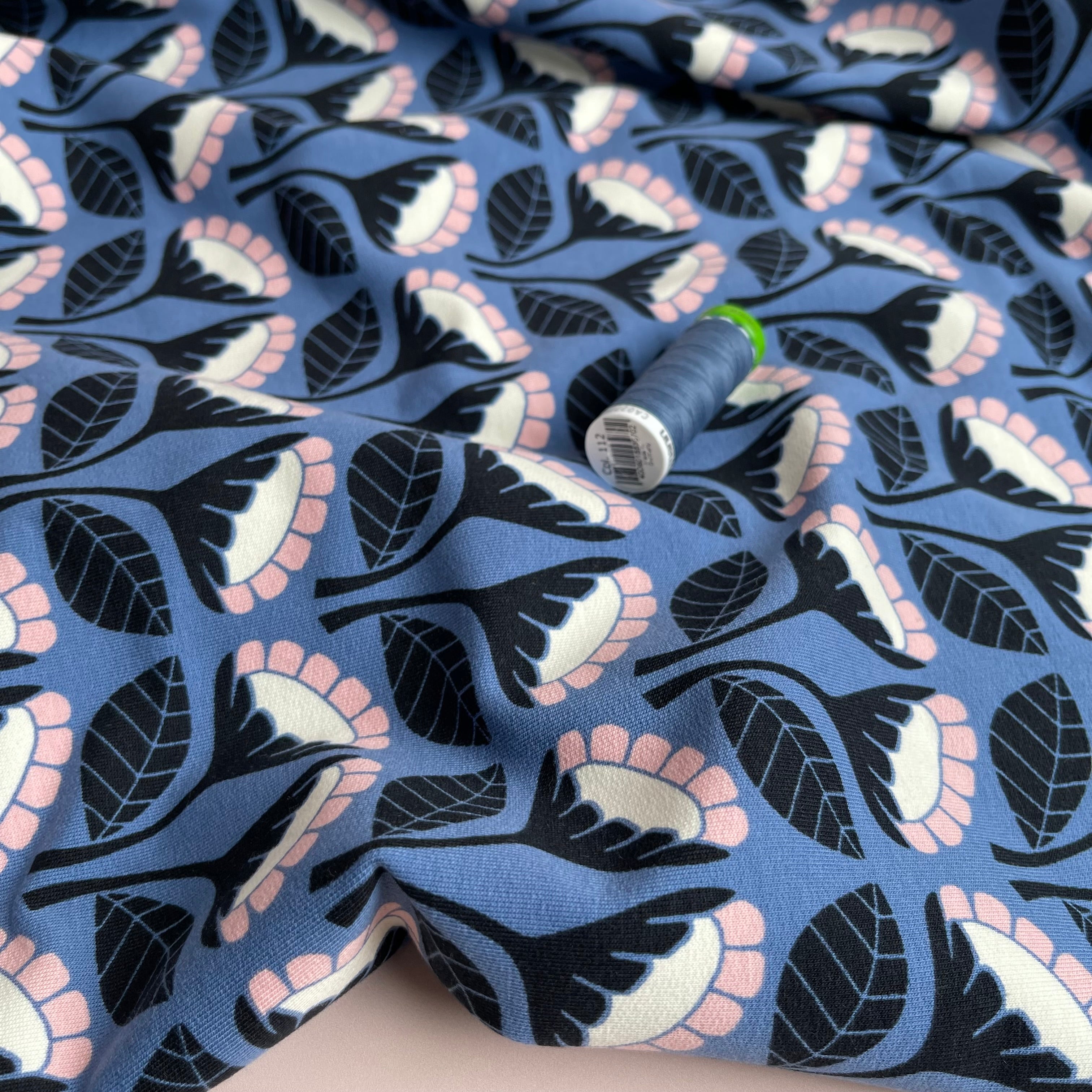 Monochrome Flowers on Blue Cotton French Terry