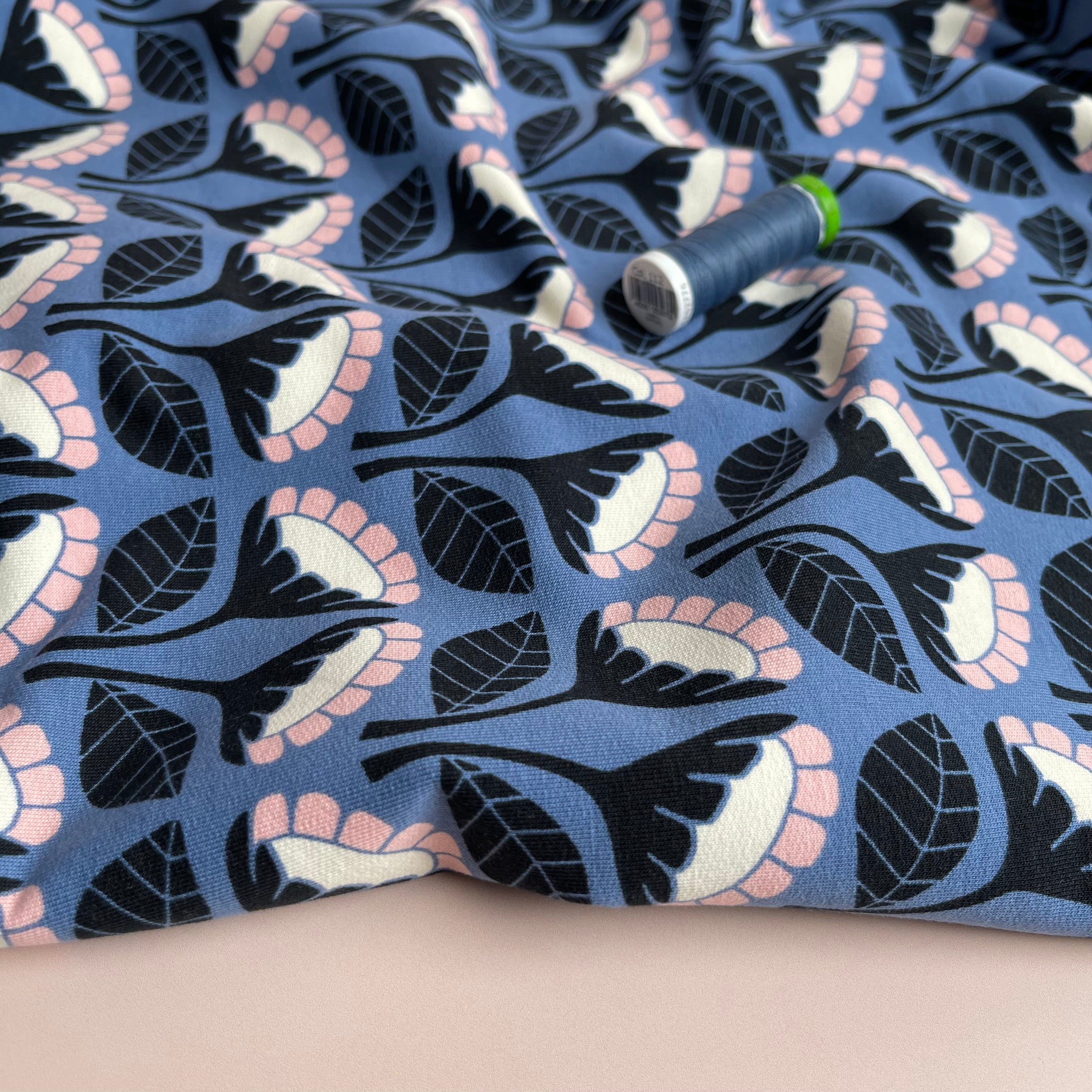 Monochrome Flowers on Blue Cotton French Terry