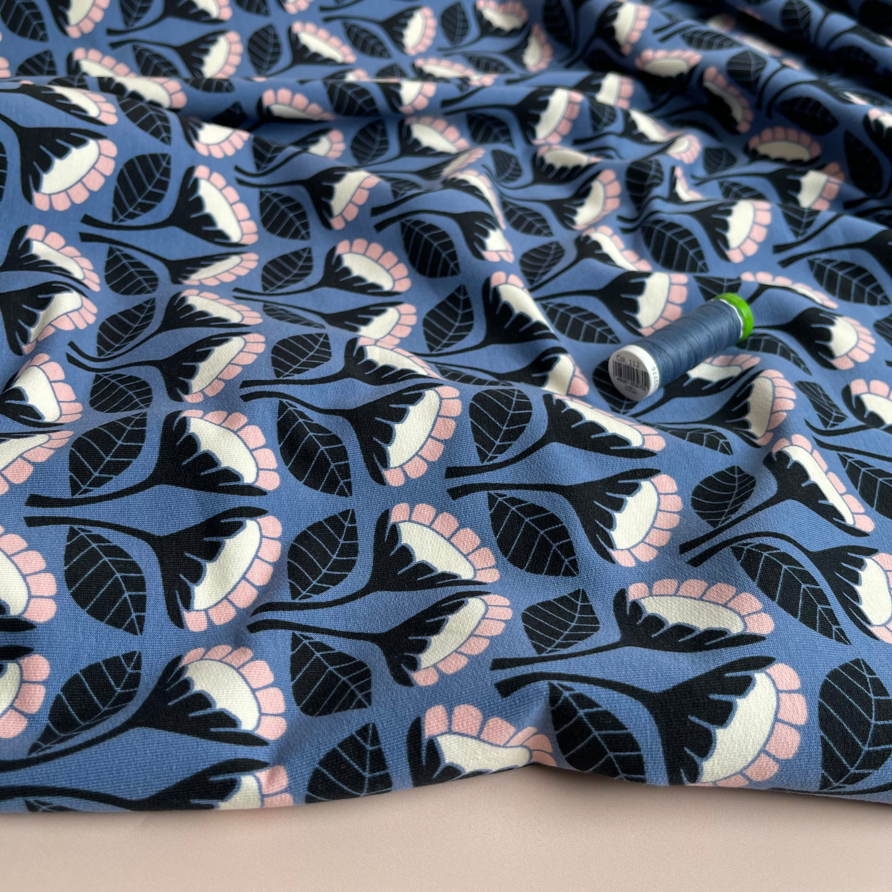 Monochrome Flowers on Blue Cotton French Terry
