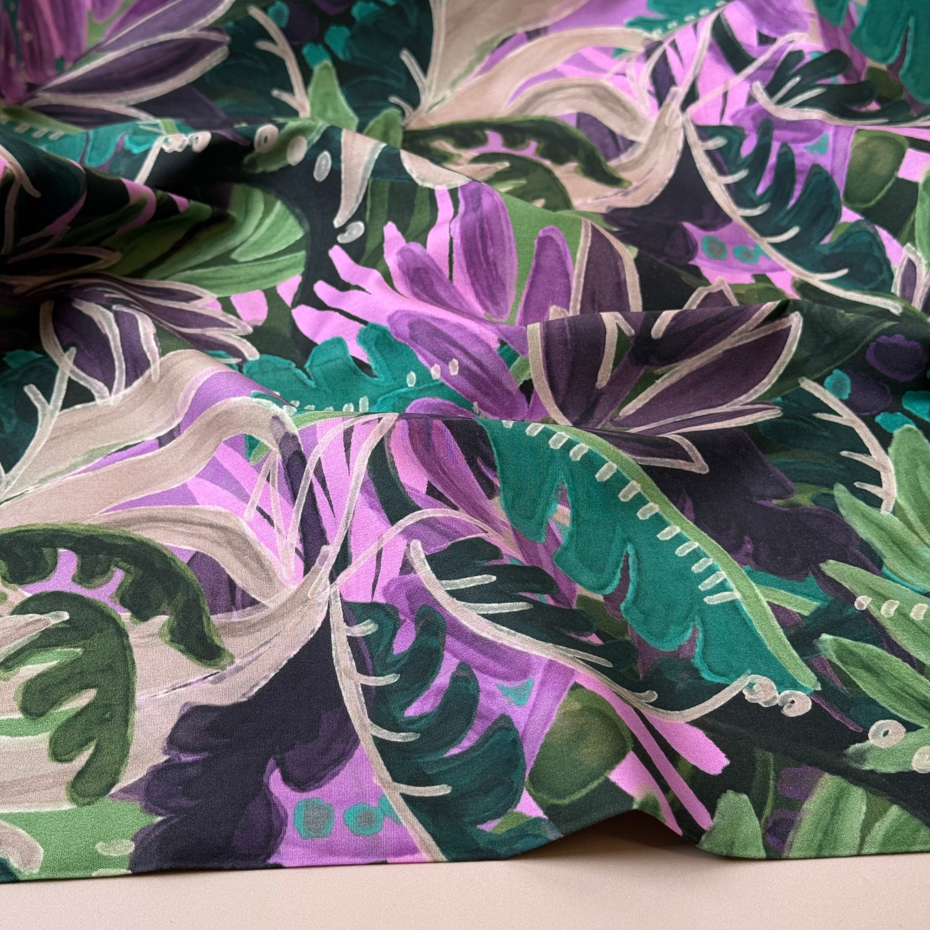 Tropical Foliage Emerald Cotton Viscose Fabric