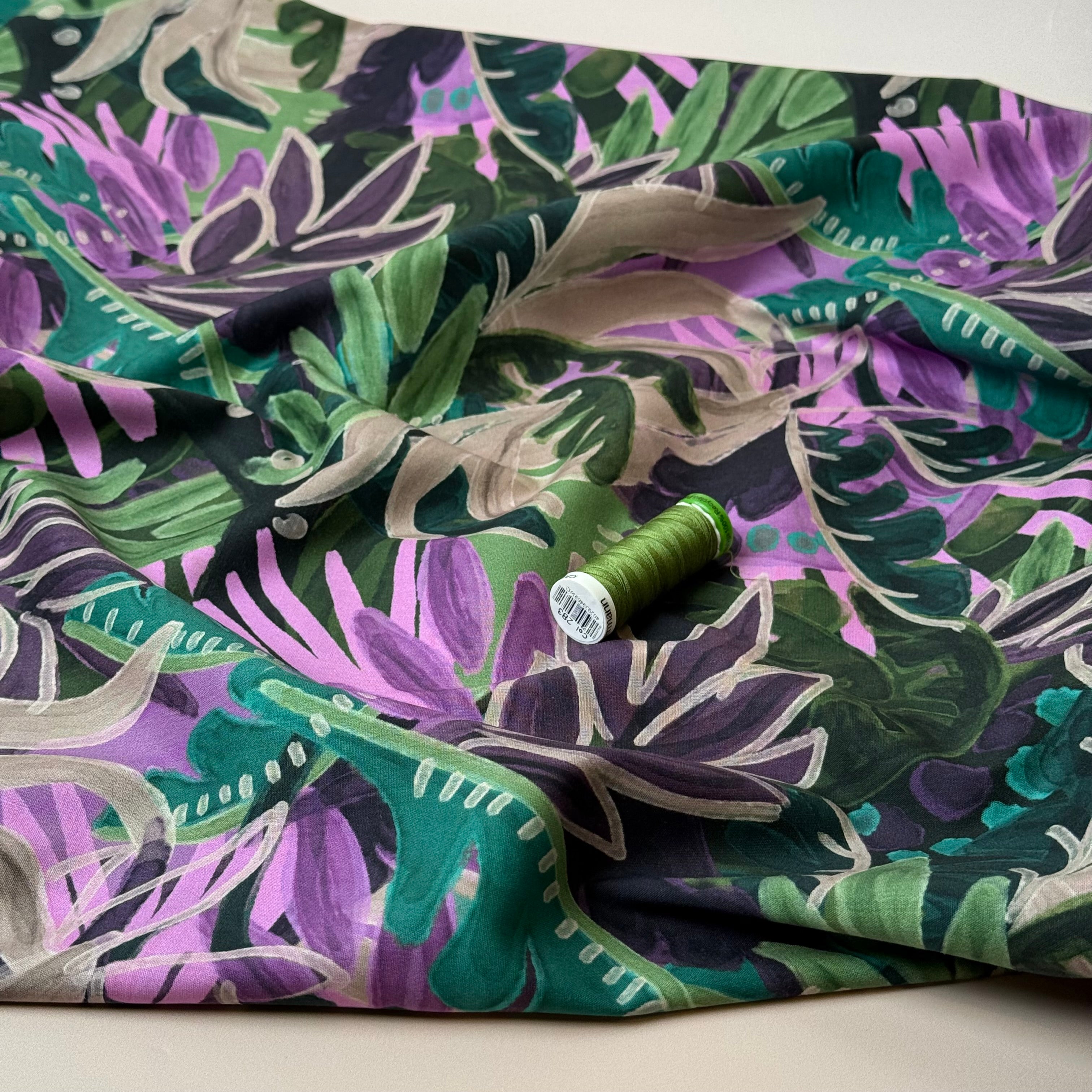 Tropical Foliage Emerald Cotton Viscose Fabric