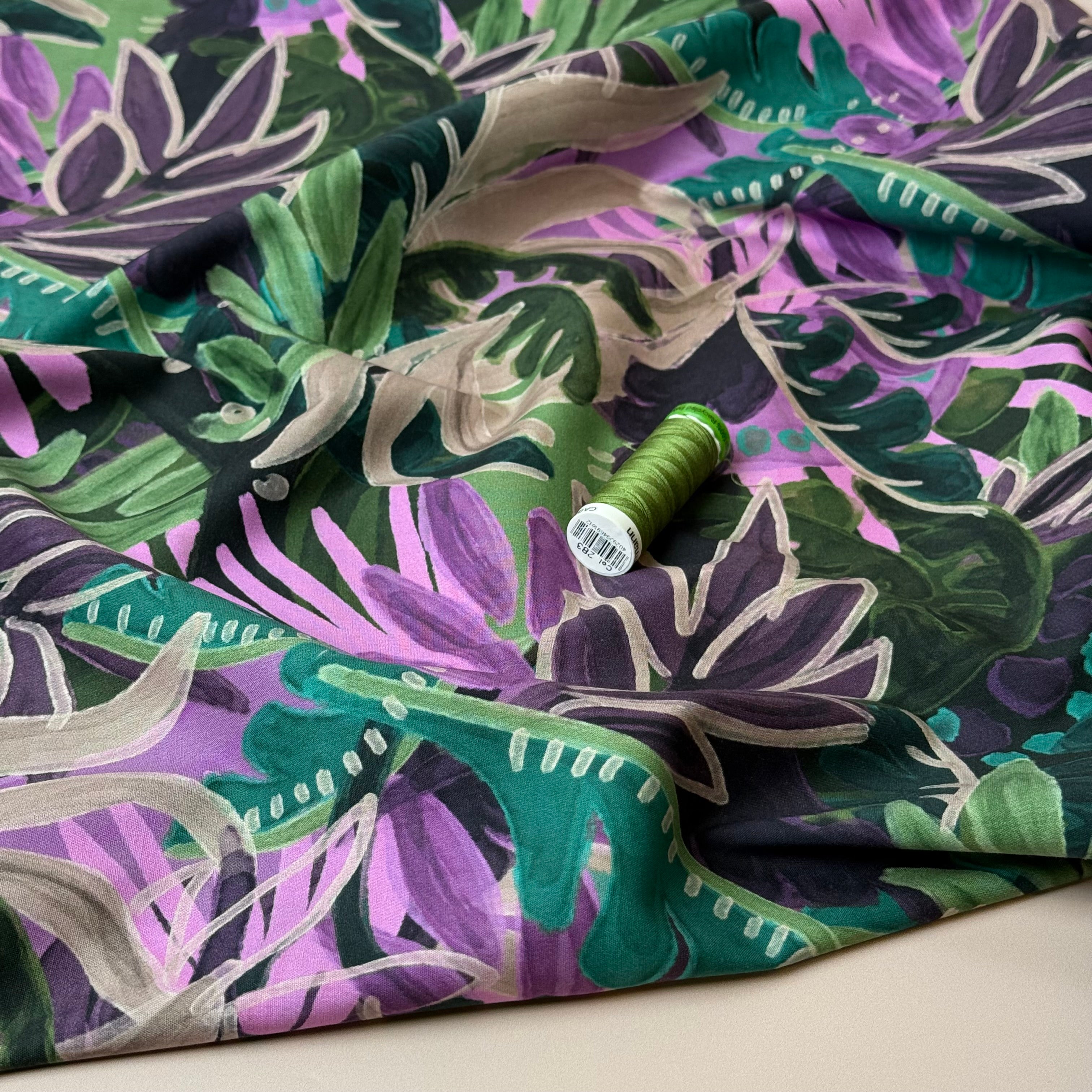 Tropical Foliage Emerald Cotton Viscose Fabric