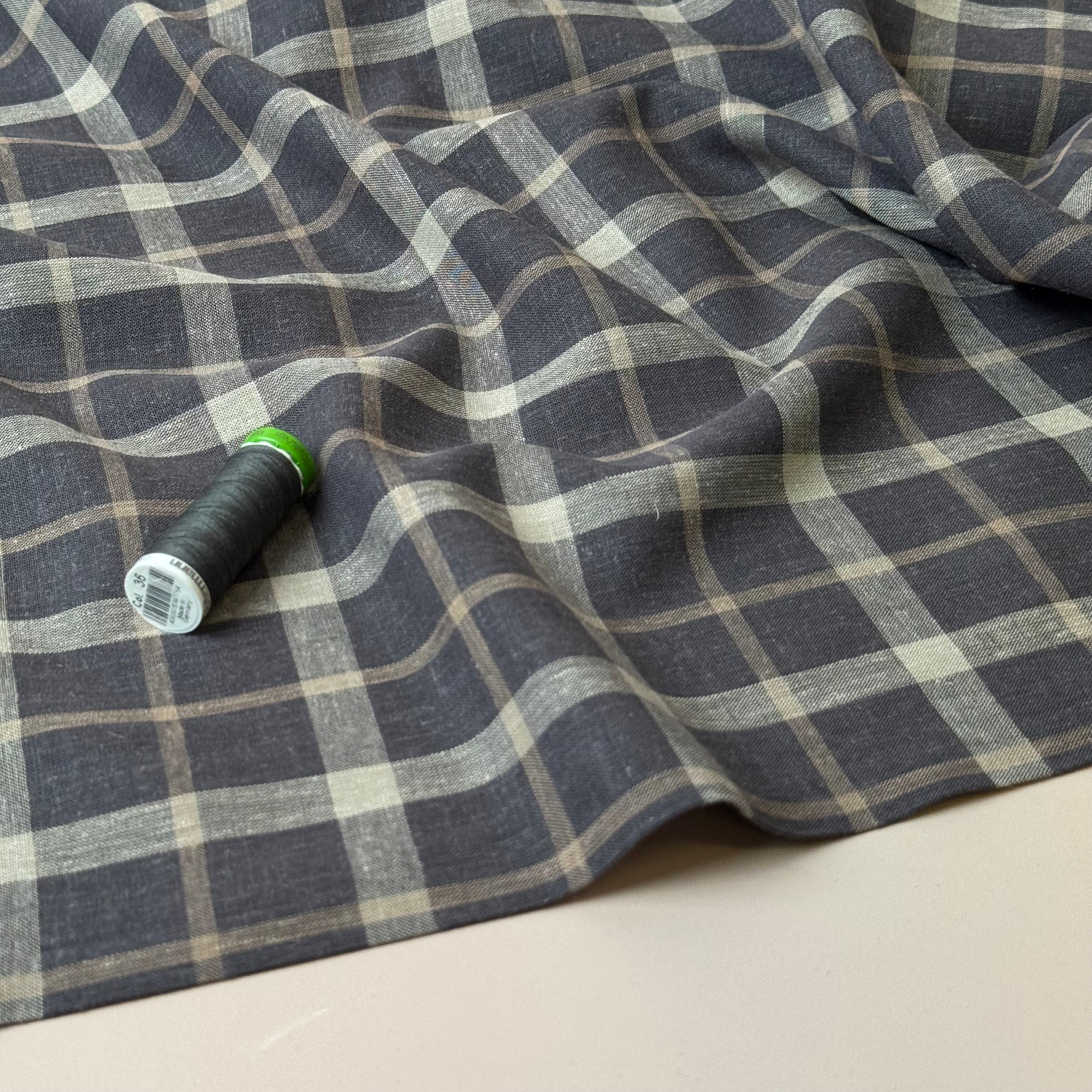Yarn Dyed Brown Checks Linen Viscose Fabric