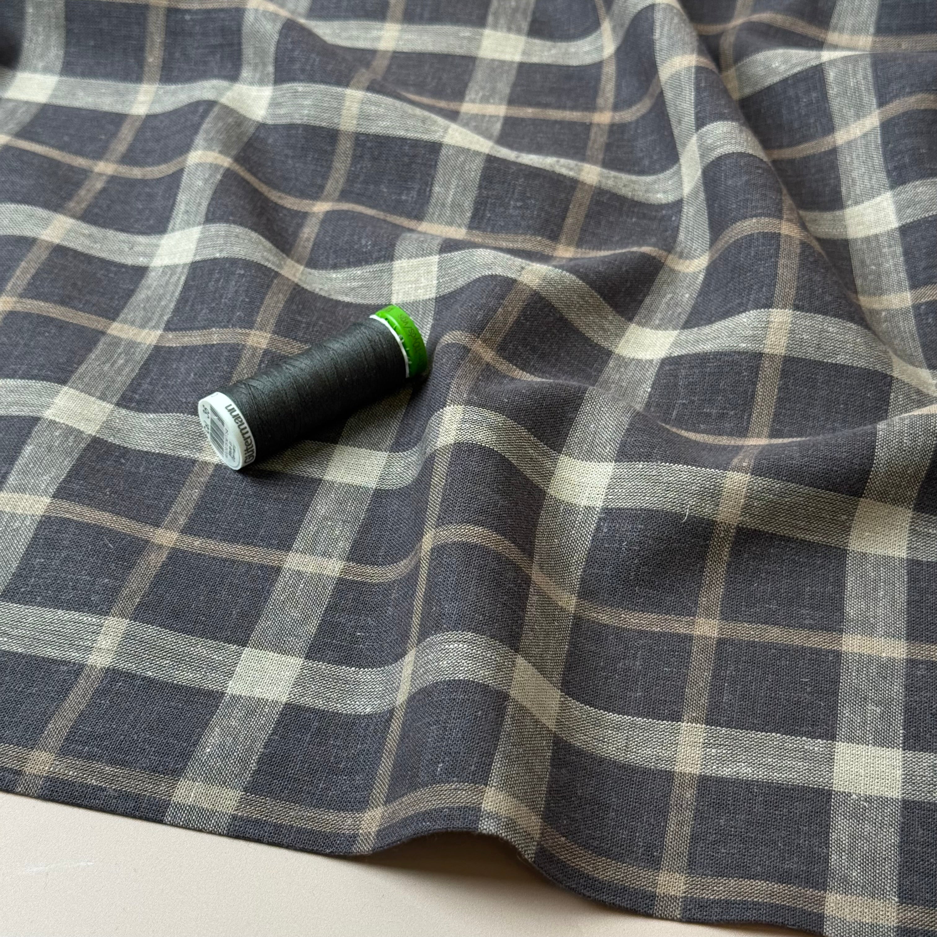 Yarn Dyed Brown Checks Linen Viscose Fabric